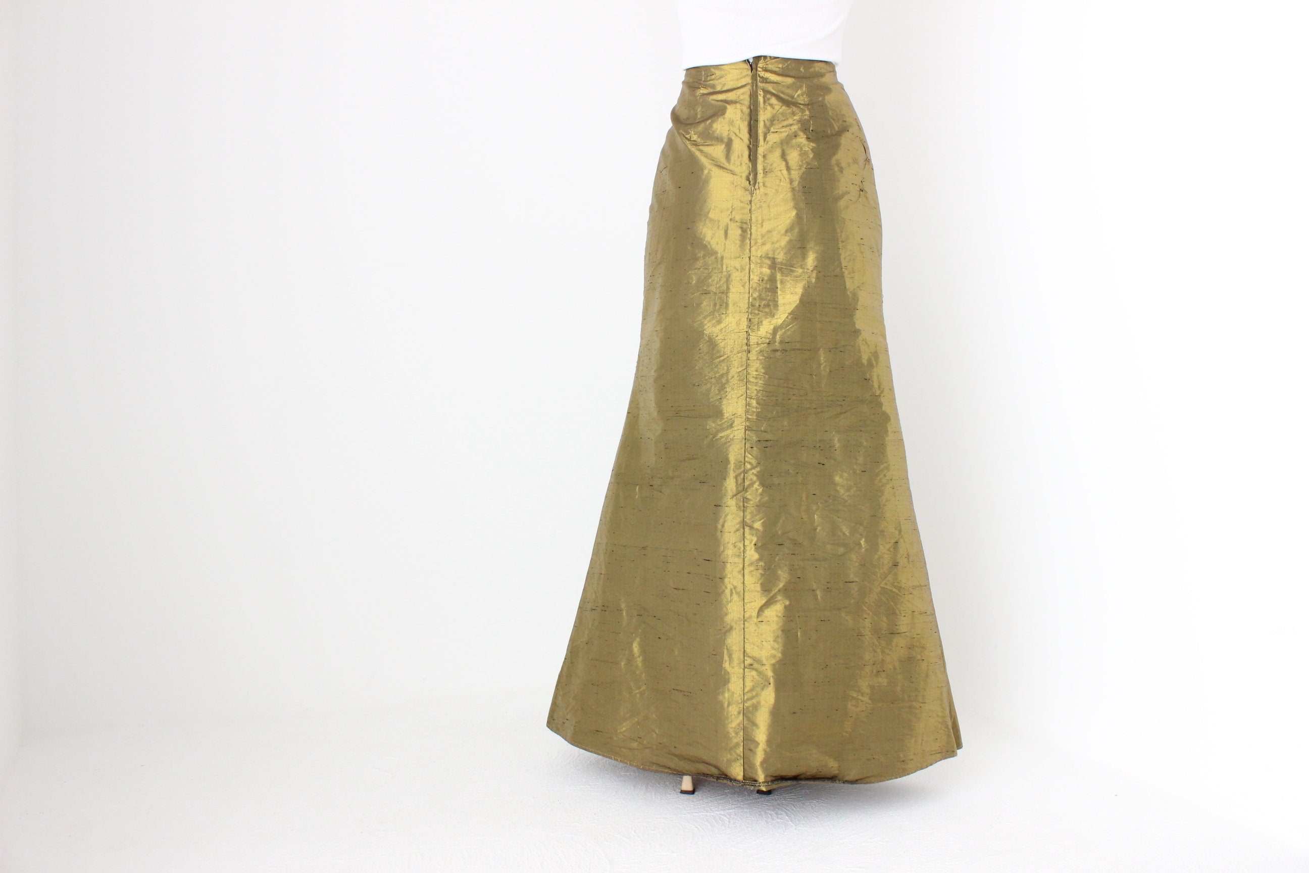 80s Raw Silk Metallic High Waist Trumpet Hem Skirt