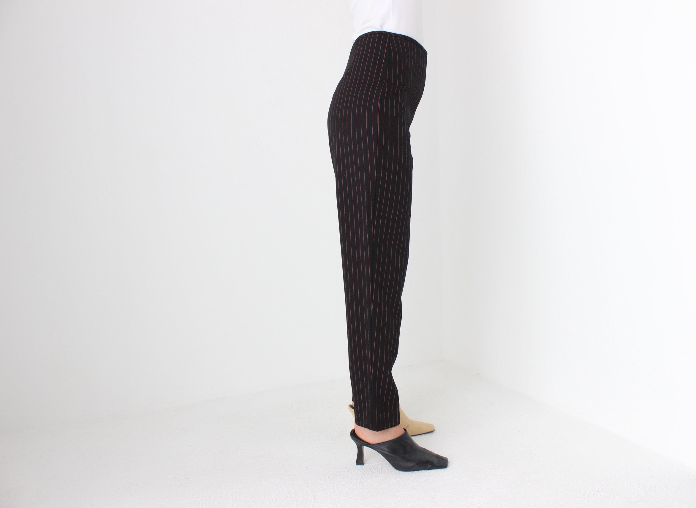 90s Jean Paul Gaultier Black w/ Red Pinstripe Wool Trousers