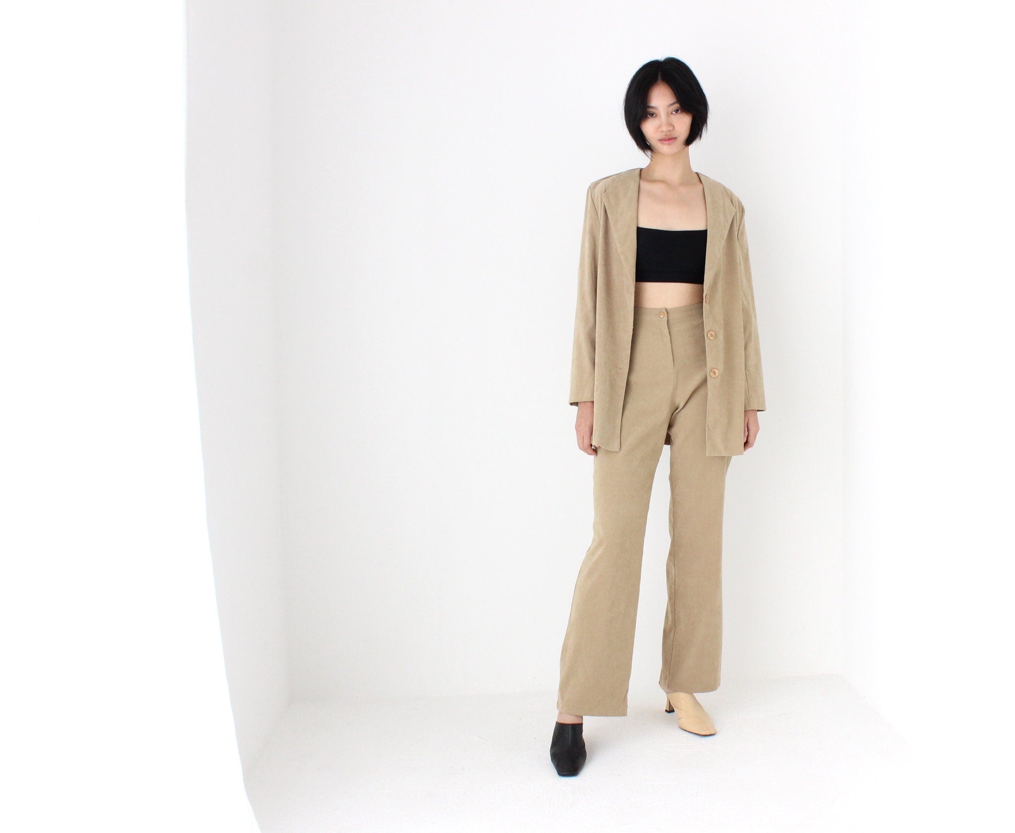 90s Suede Feel Neutral Camel Two Piece Pant Suit