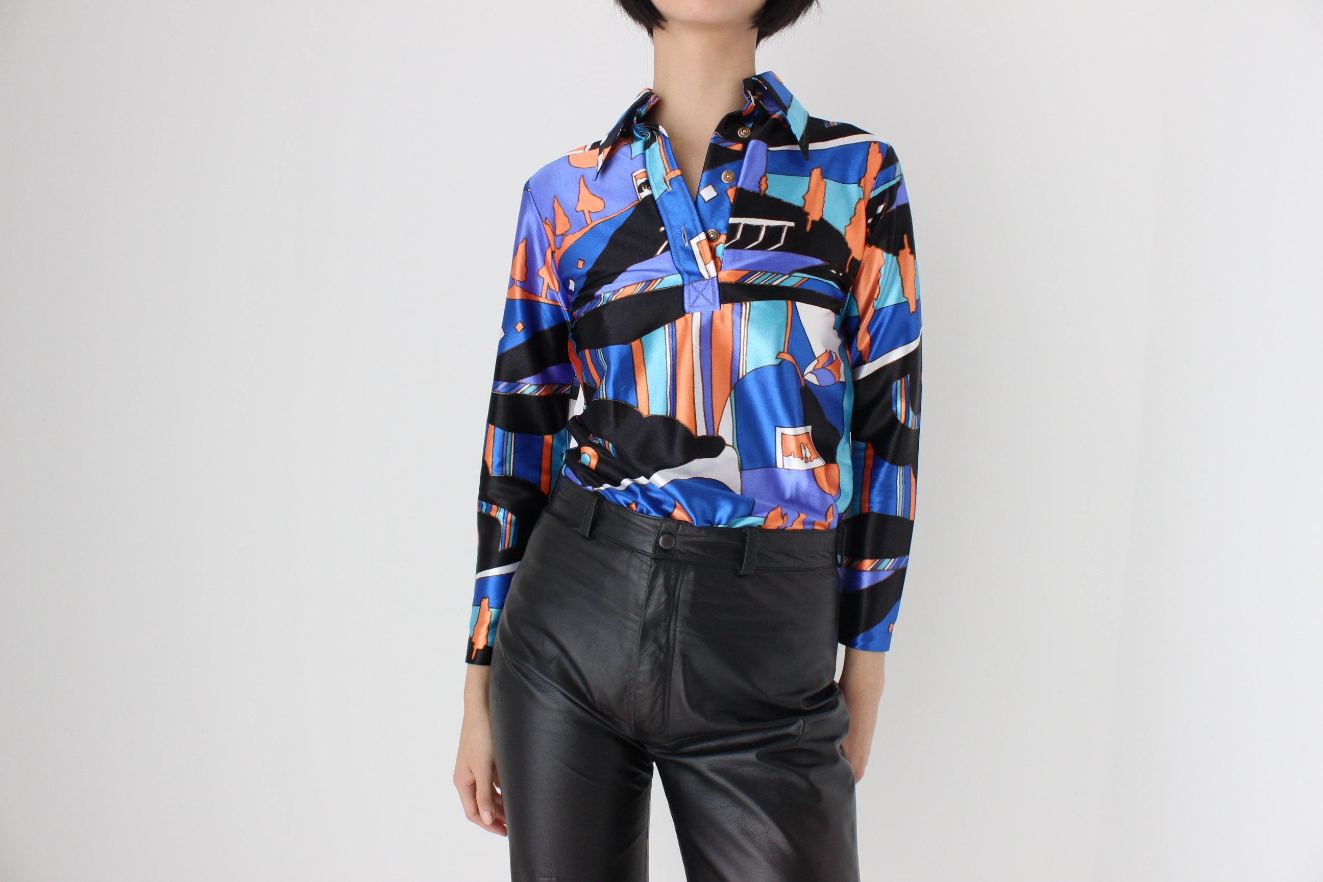 70s Disco Kitten Abstract Printed Shiny Collared Top