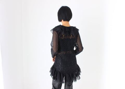 80s Extravagant Beaded Lace & Organza Ruffle Top / Mini Dress