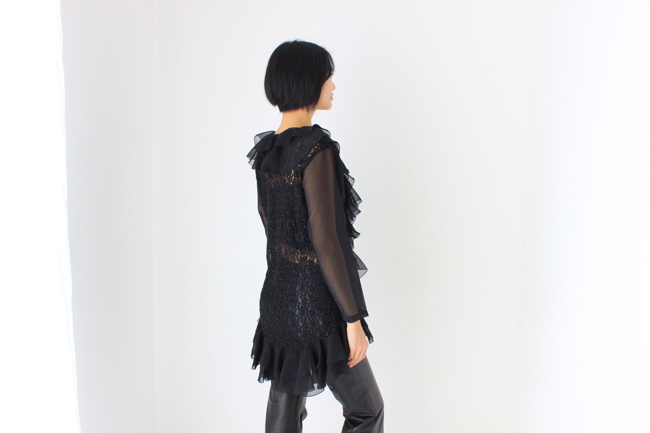80s Extravagant Beaded Lace & Organza Ruffle Top / Mini Dress