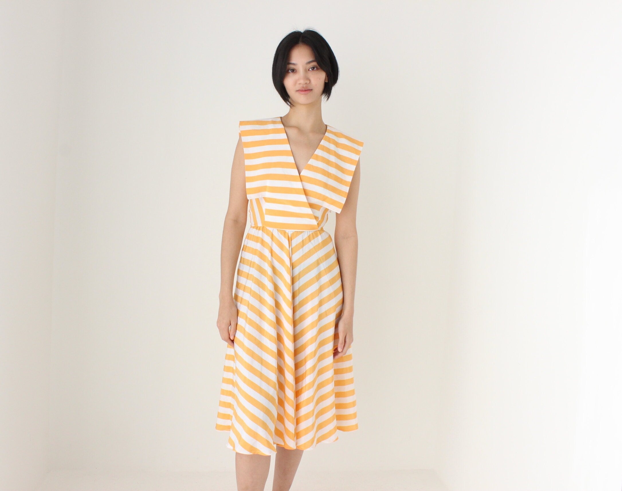 80s Pastel Striped Statement Collar Sun Dress