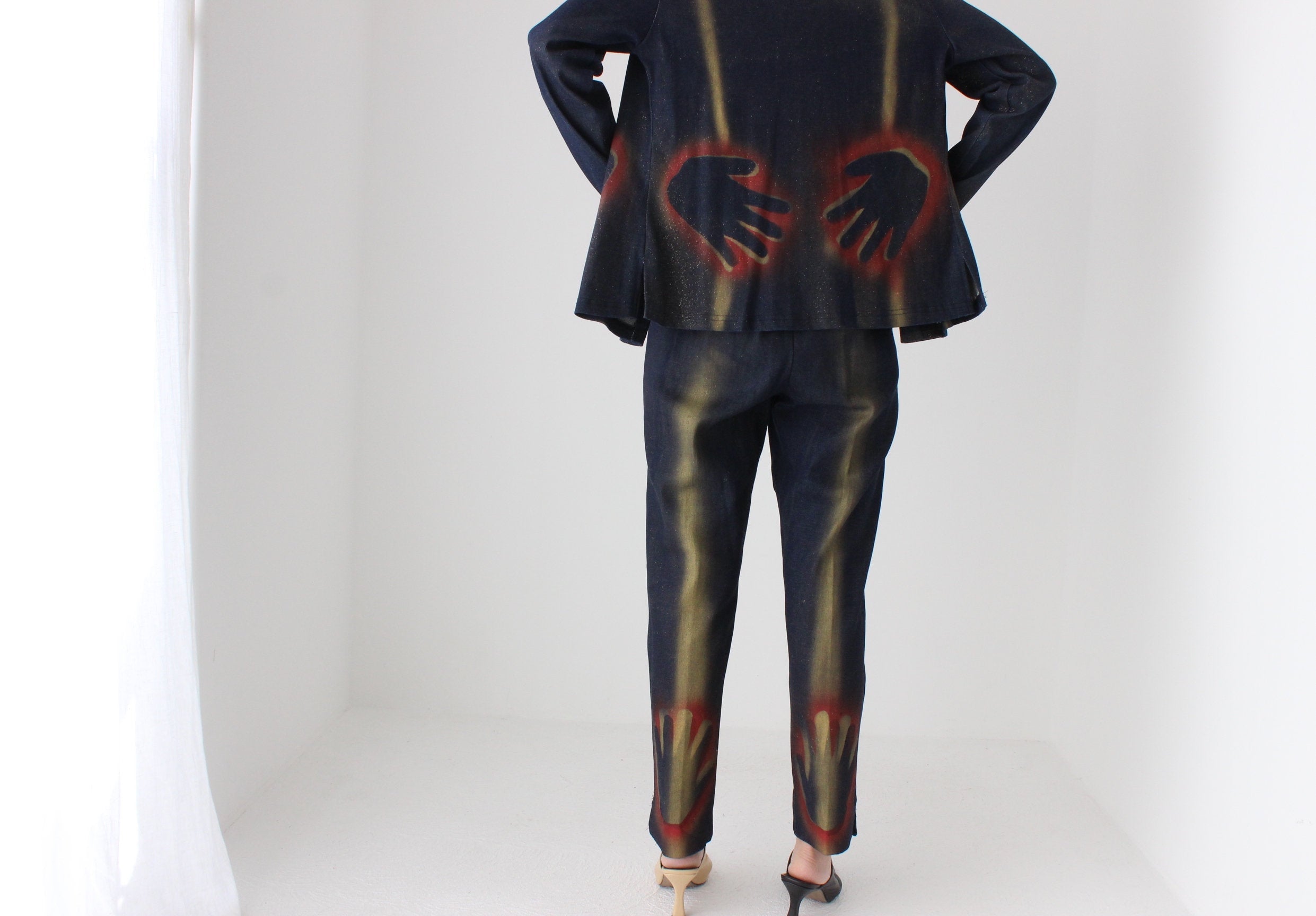 Y2K Wearable Art Spray Painted Hand Print Glitter Denim Set