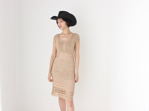 Y2K Crochet Macrame Muted Gold Fitted Dress