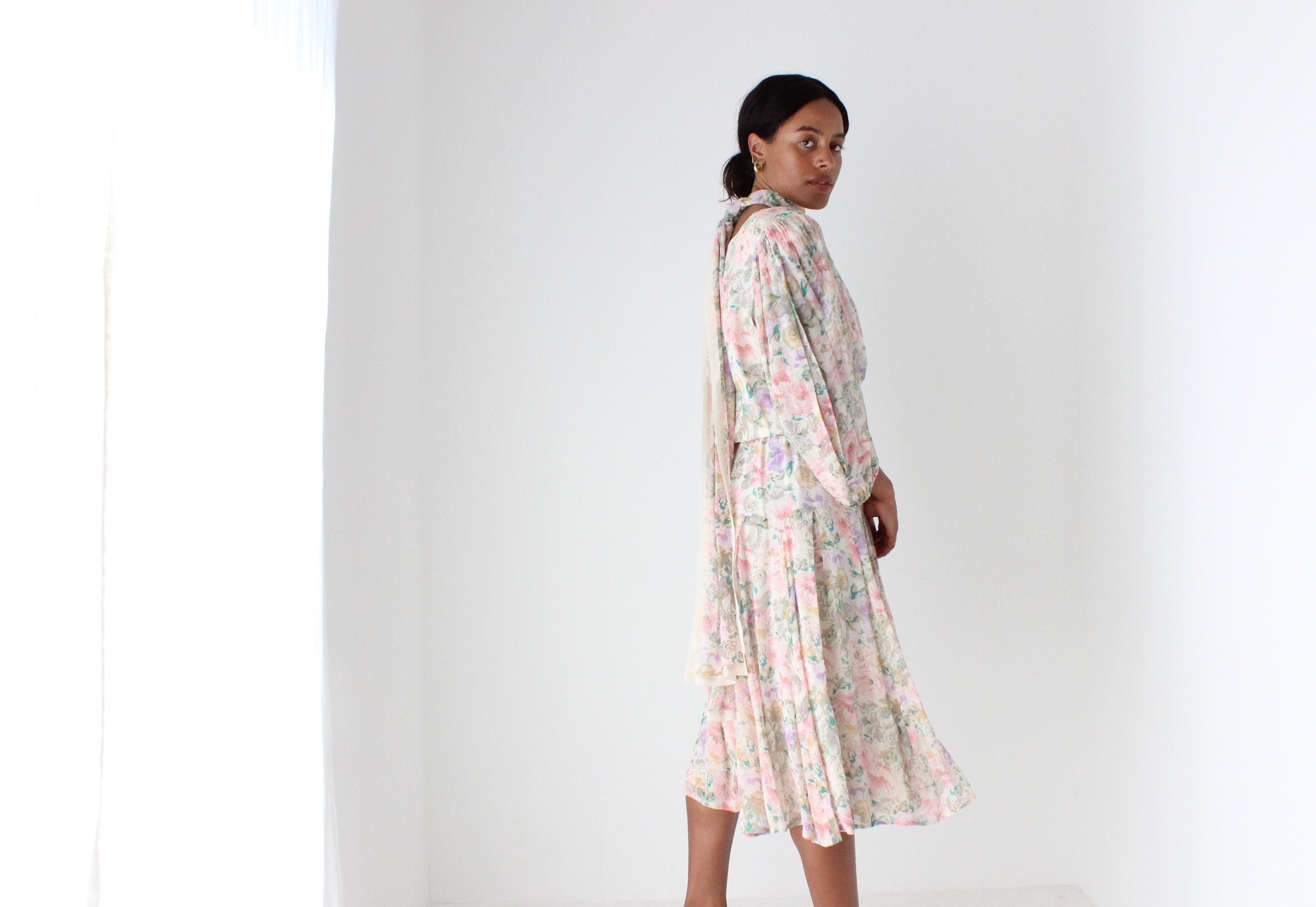 80s Designer Diane Freis Pastel Floral Silk Chiffon Dress w/ Matching Sash