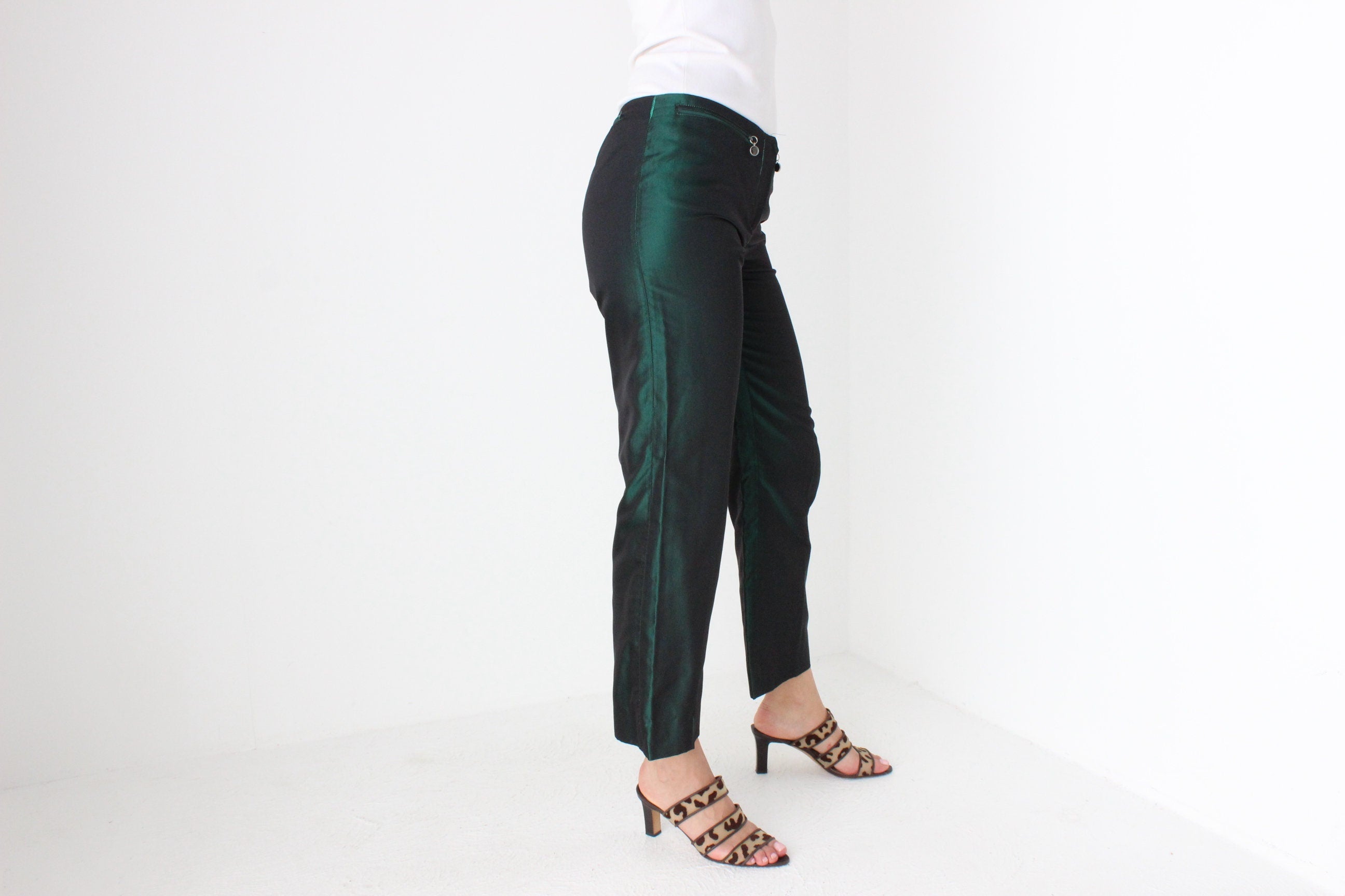 Vintage 2000s GUCCI by Tom Ford Metallic Green SILK Cropped Pants