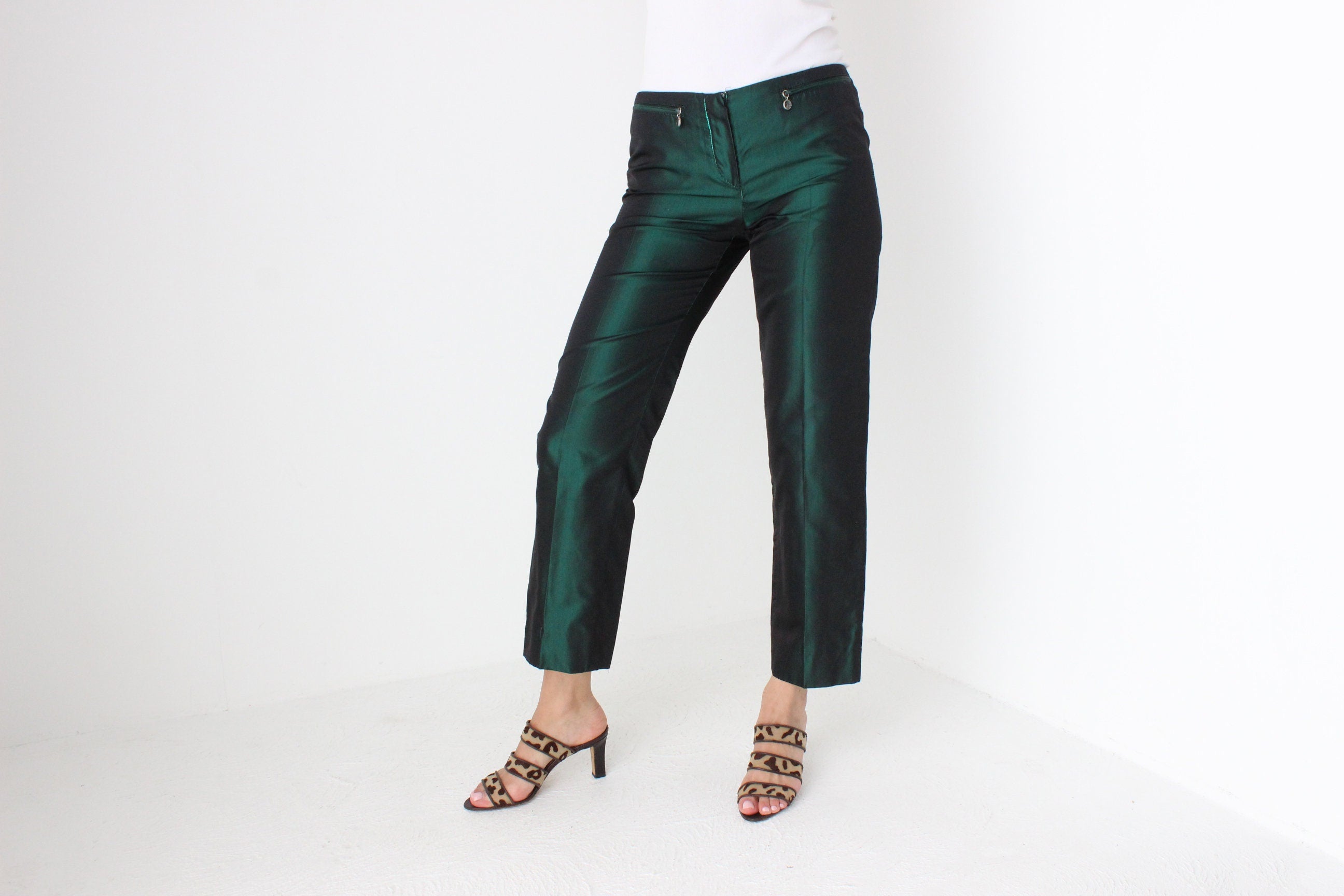 Vintage 2000s GUCCI by Tom Ford Metallic Green SILK Cropped Pants