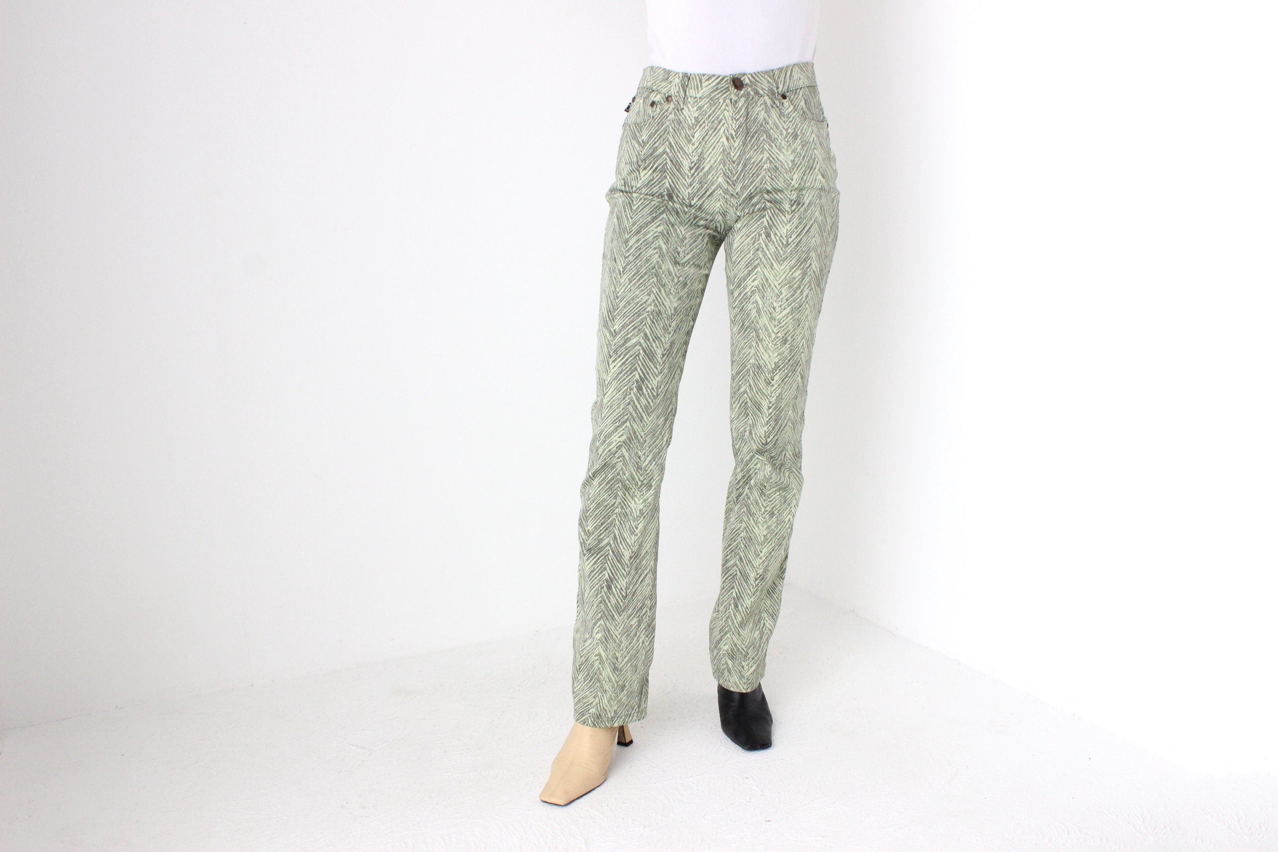 Y2K Roberto Cavalli "Cavalli Jeans" Lime Tiger Synthetic Bootcut Club Pants