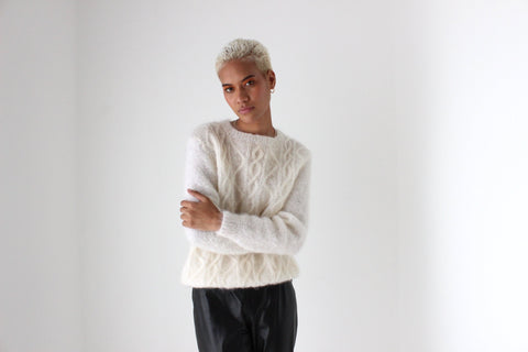 80s Ivory Mohair Hand Knit Textured Fluffy Sweater