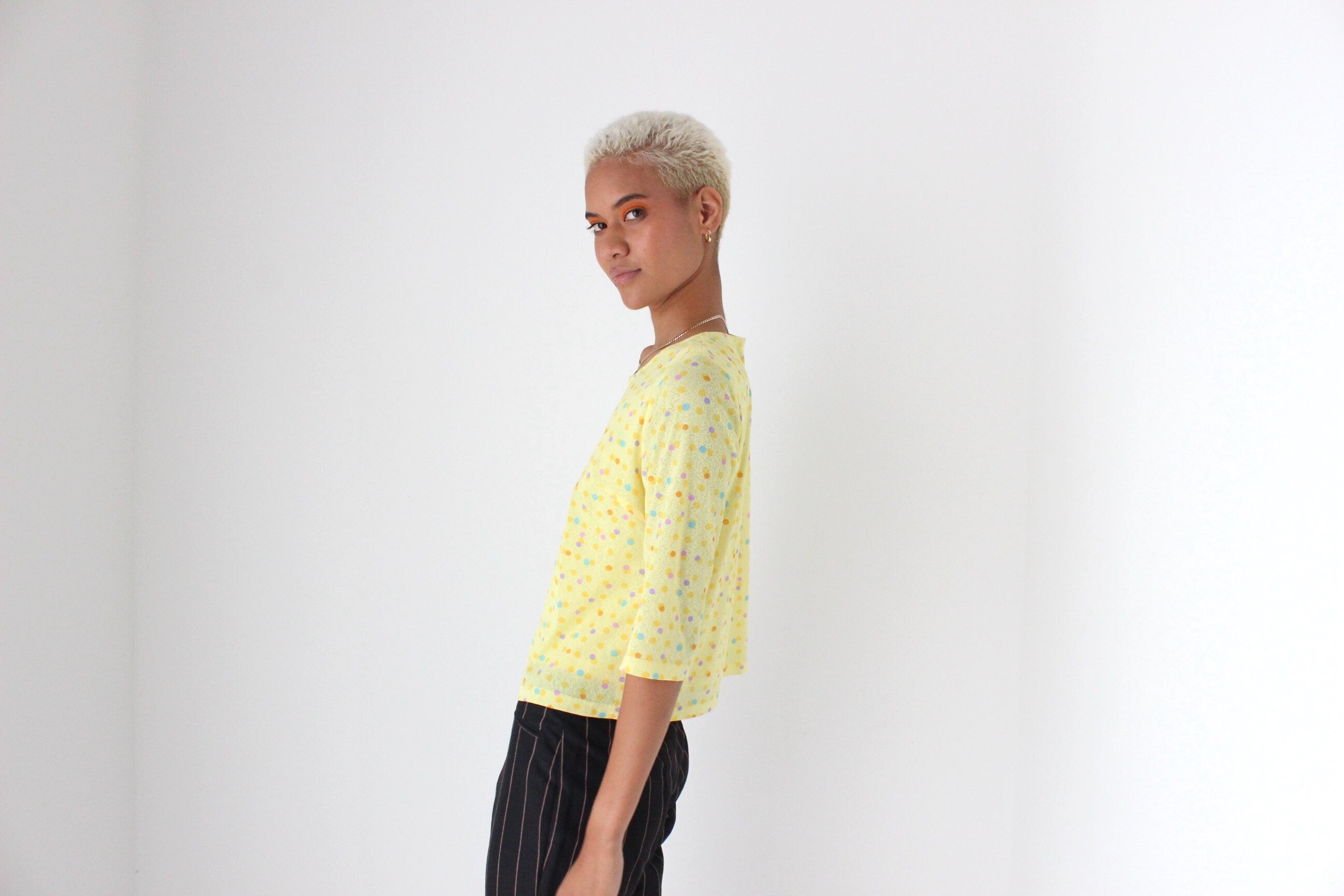 Y2K Lemon Polkadot Mesh Layered "Cardigan" Top