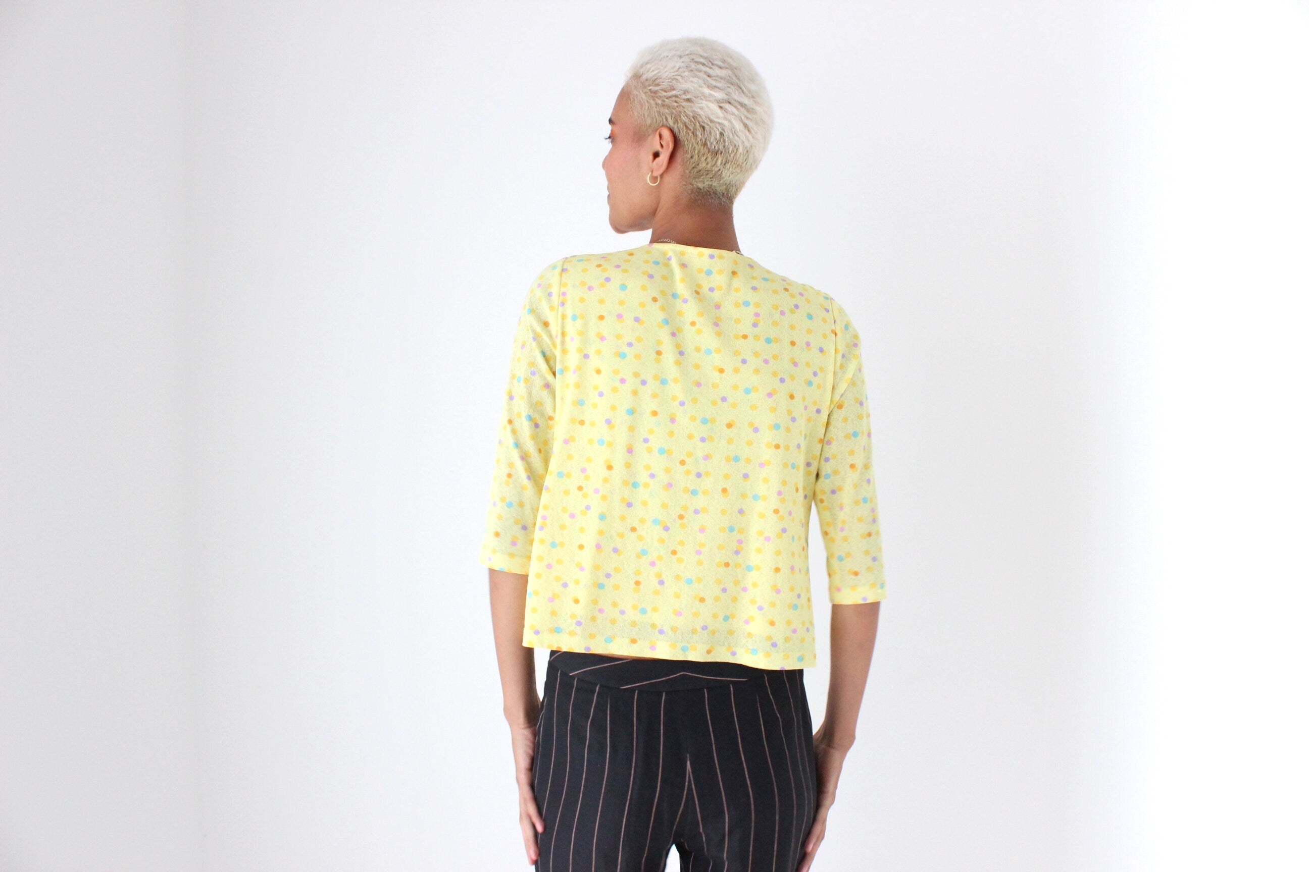 Y2K Lemon Polkadot Mesh Layered "Cardigan" Top