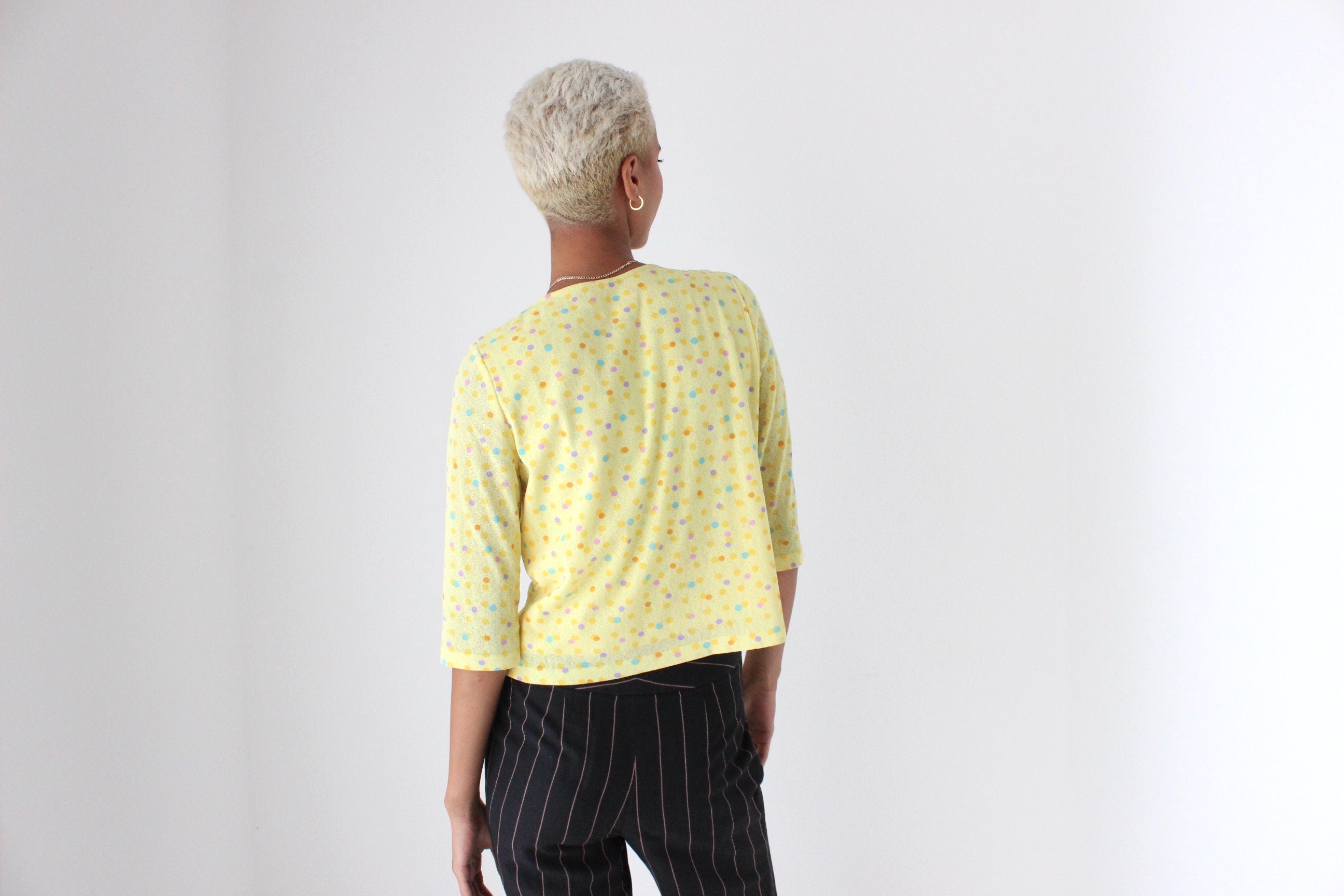 Y2K Lemon Polkadot Mesh Layered "Cardigan" Top