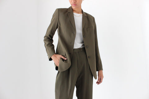 90s CALVIN KLEIN Olive Green Silk Two Piece Pant Suit