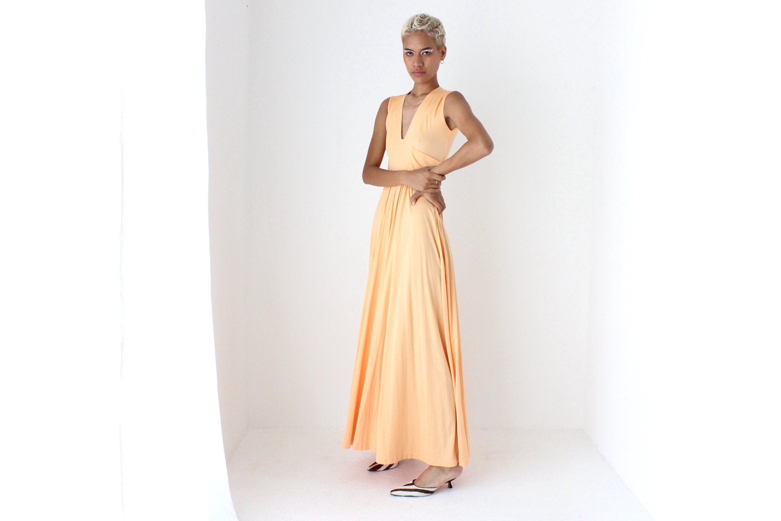 70s Sweeping Peach Jersey Disco Gown