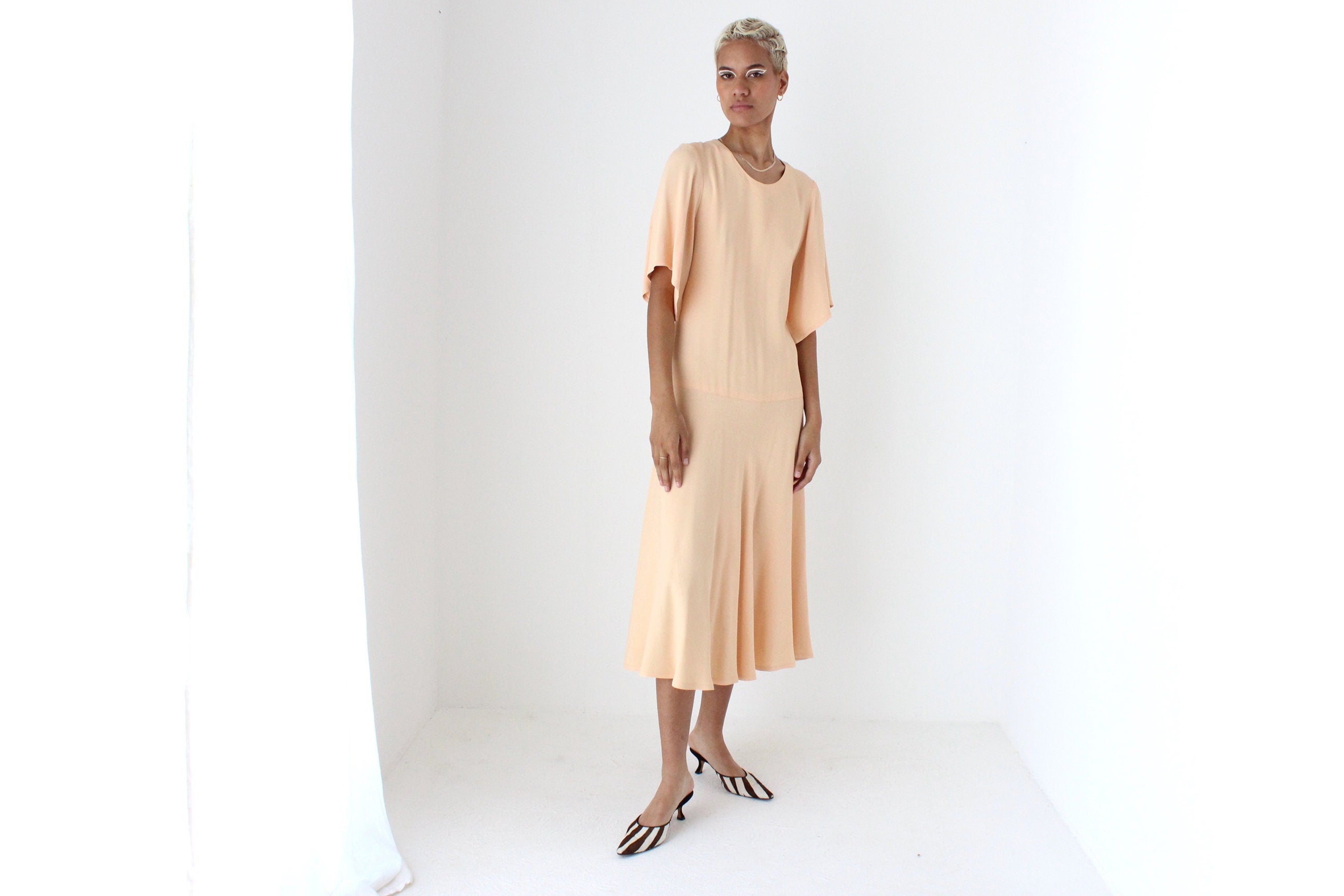 80s Sonia Rykiel Paris Pastel Peach Flutter Sleeve Dress