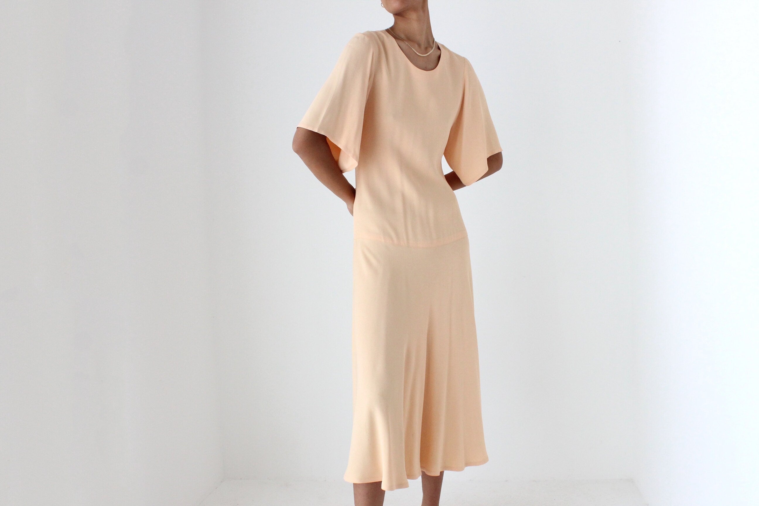 80s Sonia Rykiel Paris Pastel Peach Flutter Sleeve Dress