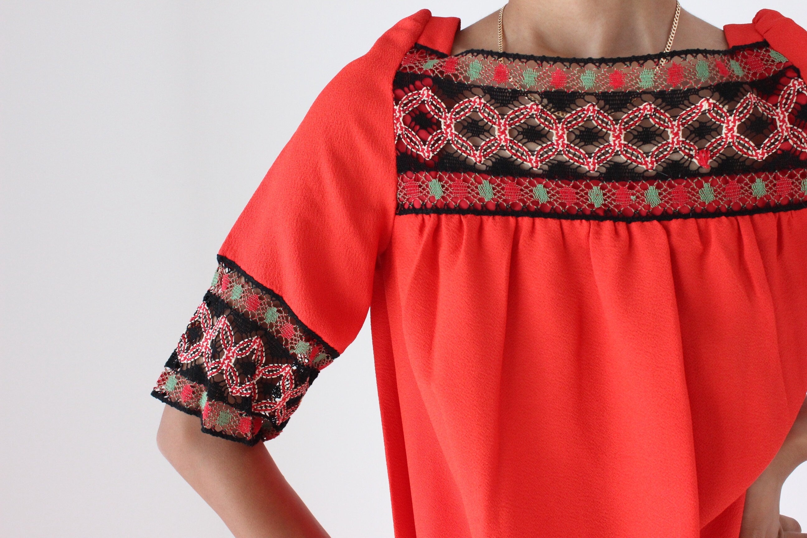 Vintage 70s Intricate Folk Embroidered Coral Red Crepe Smock