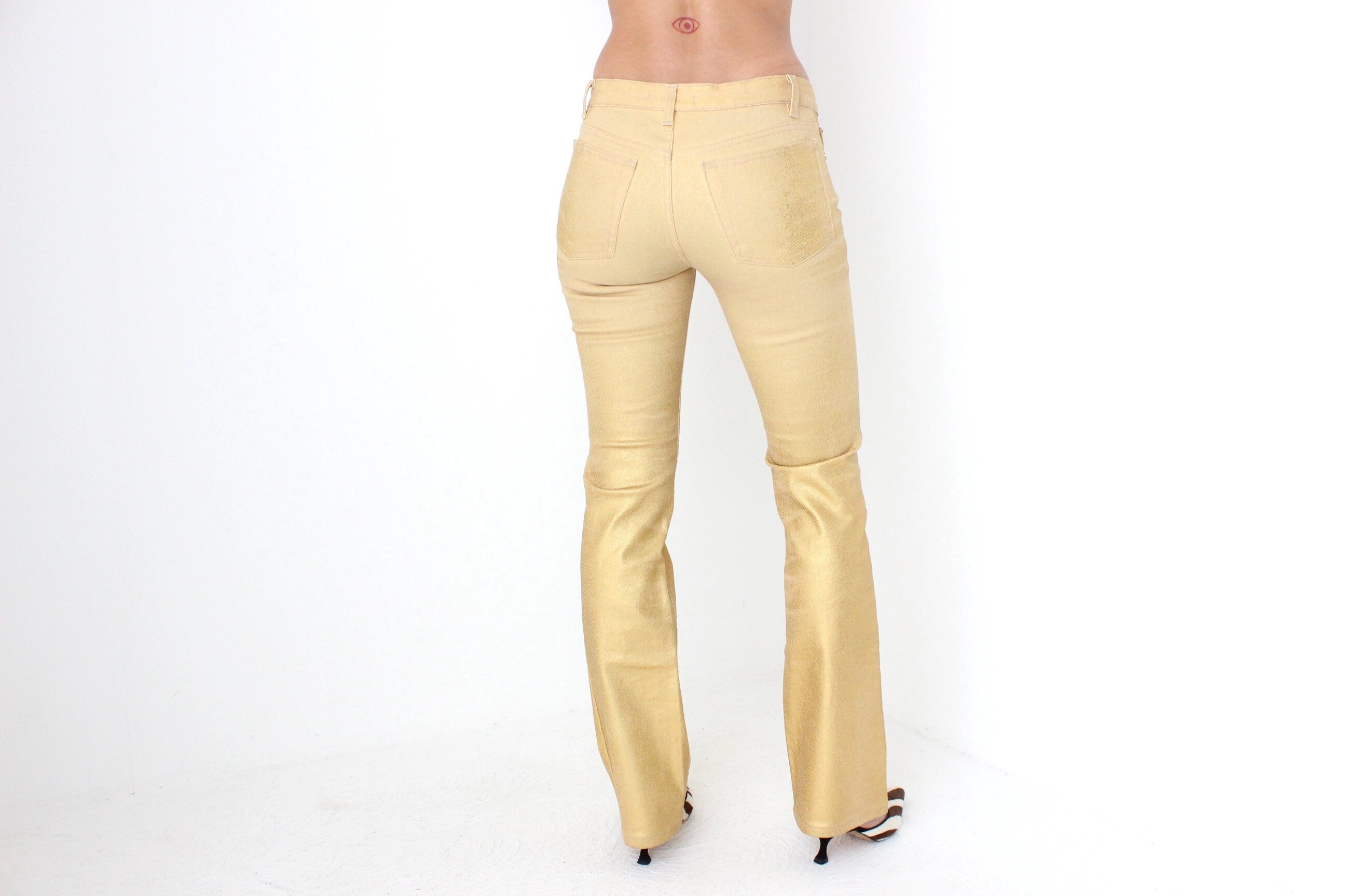 Y2K Roberto Cavalli Sprayed Metallic Leather-Look Gold Jeans