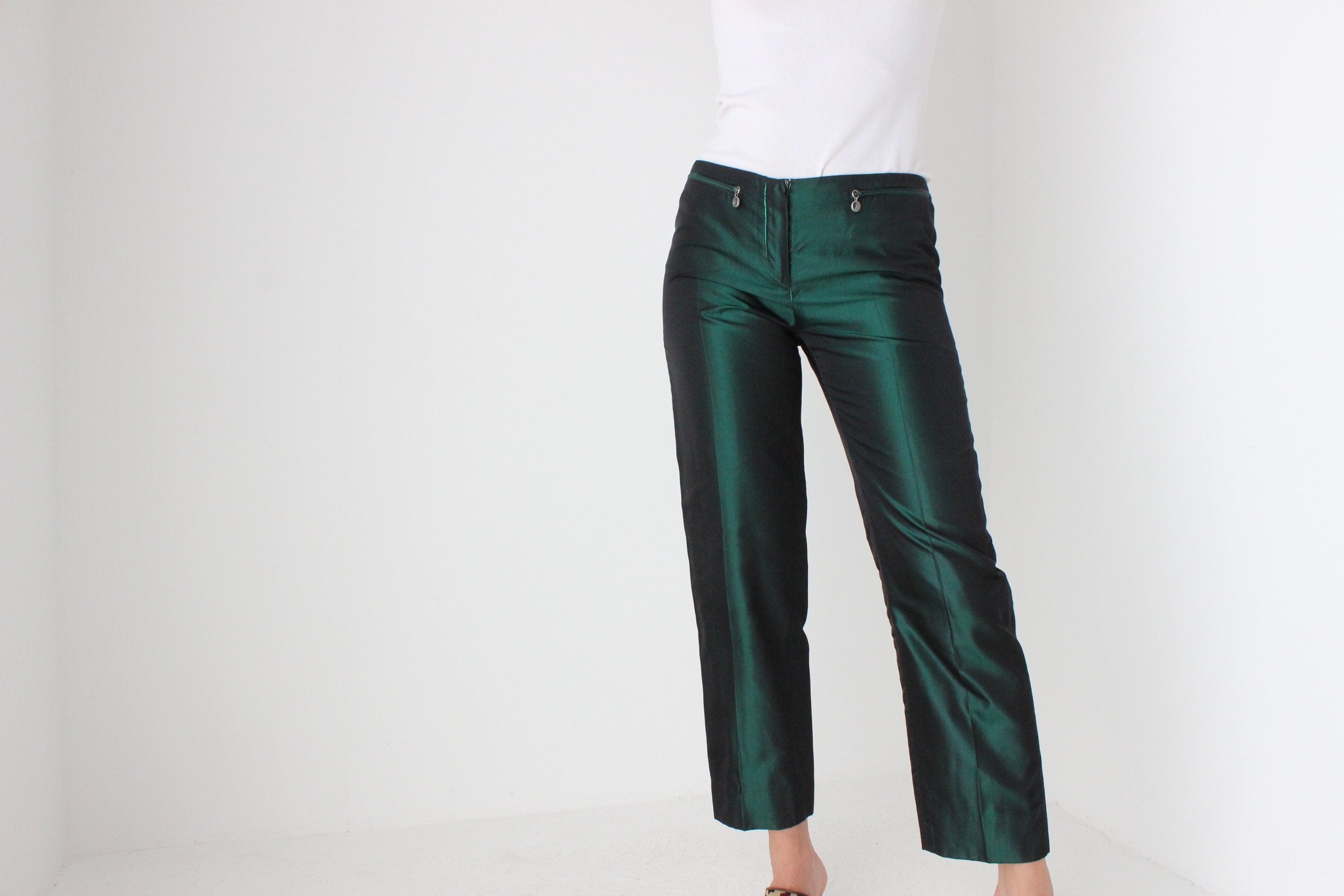 Vintage 2000s GUCCI by Tom Ford Metallic Green SILK Cropped Pants