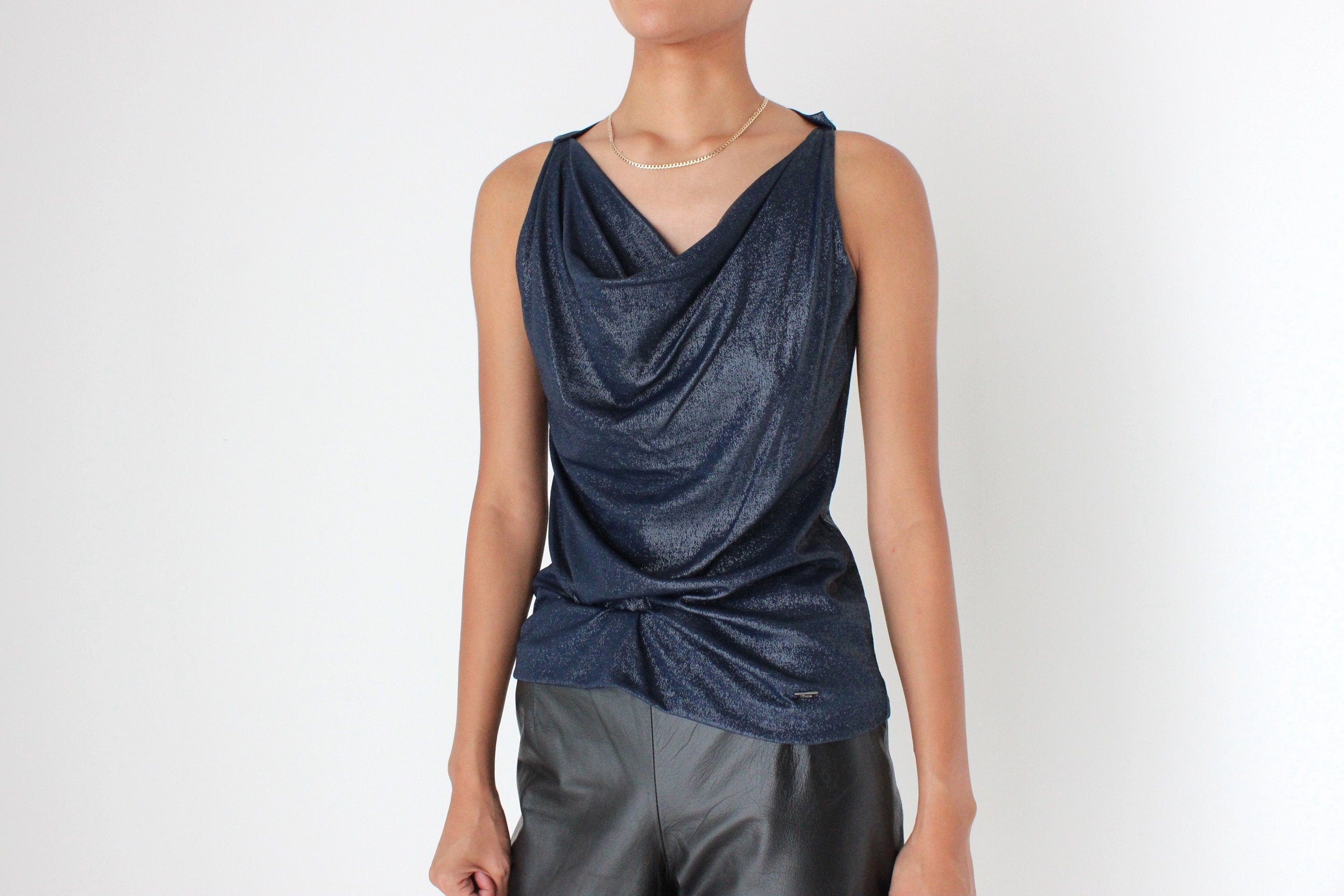 Y2K GUCCI by Tom Ford Midnight Metallic Cowl Neck Disco Top