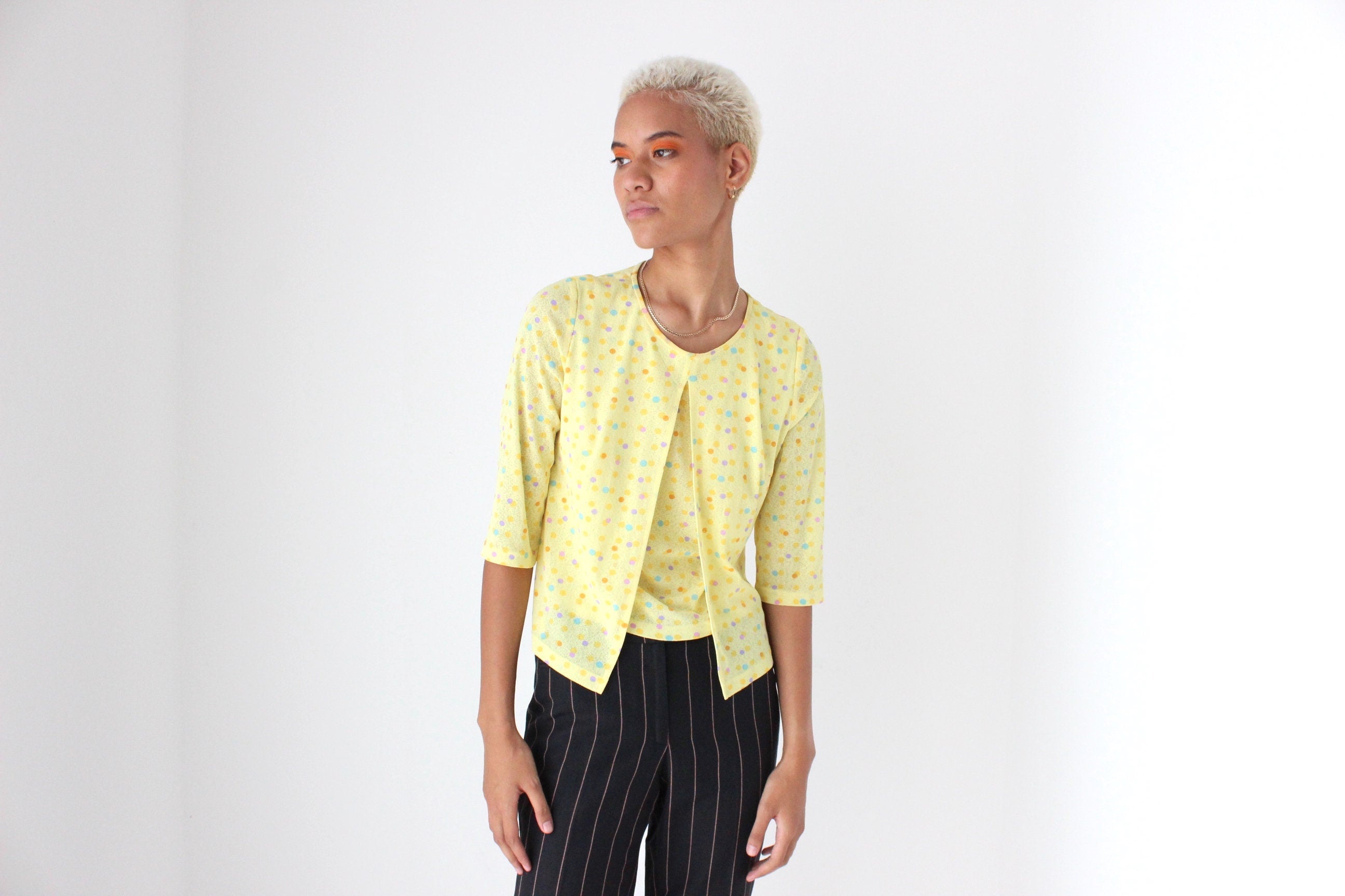 Y2K Lemon Polkadot Mesh Layered "Cardigan" Top