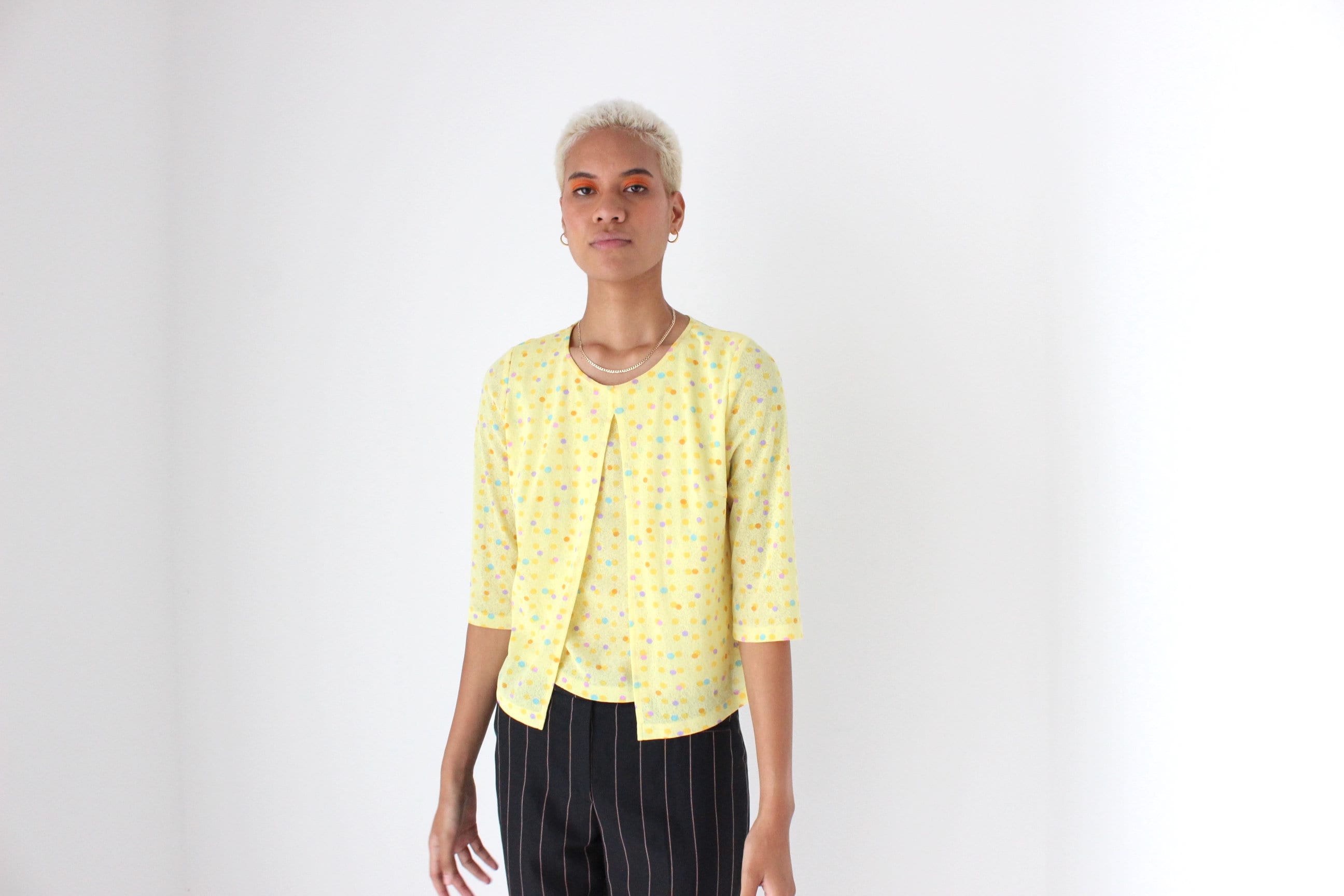 Y2K Lemon Polkadot Mesh Layered "Cardigan" Top