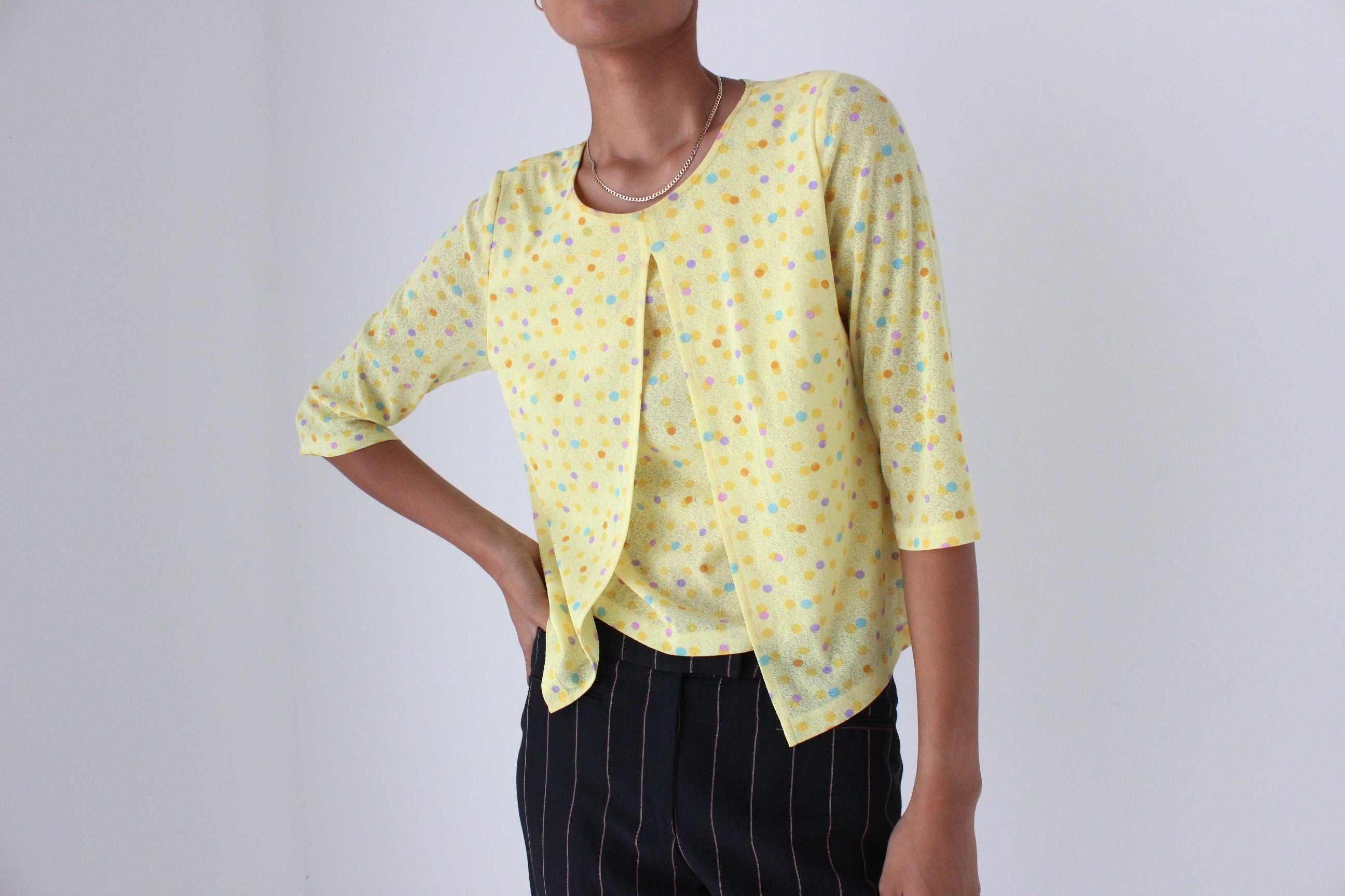 Y2K Lemon Polkadot Mesh Layered "Cardigan" Top