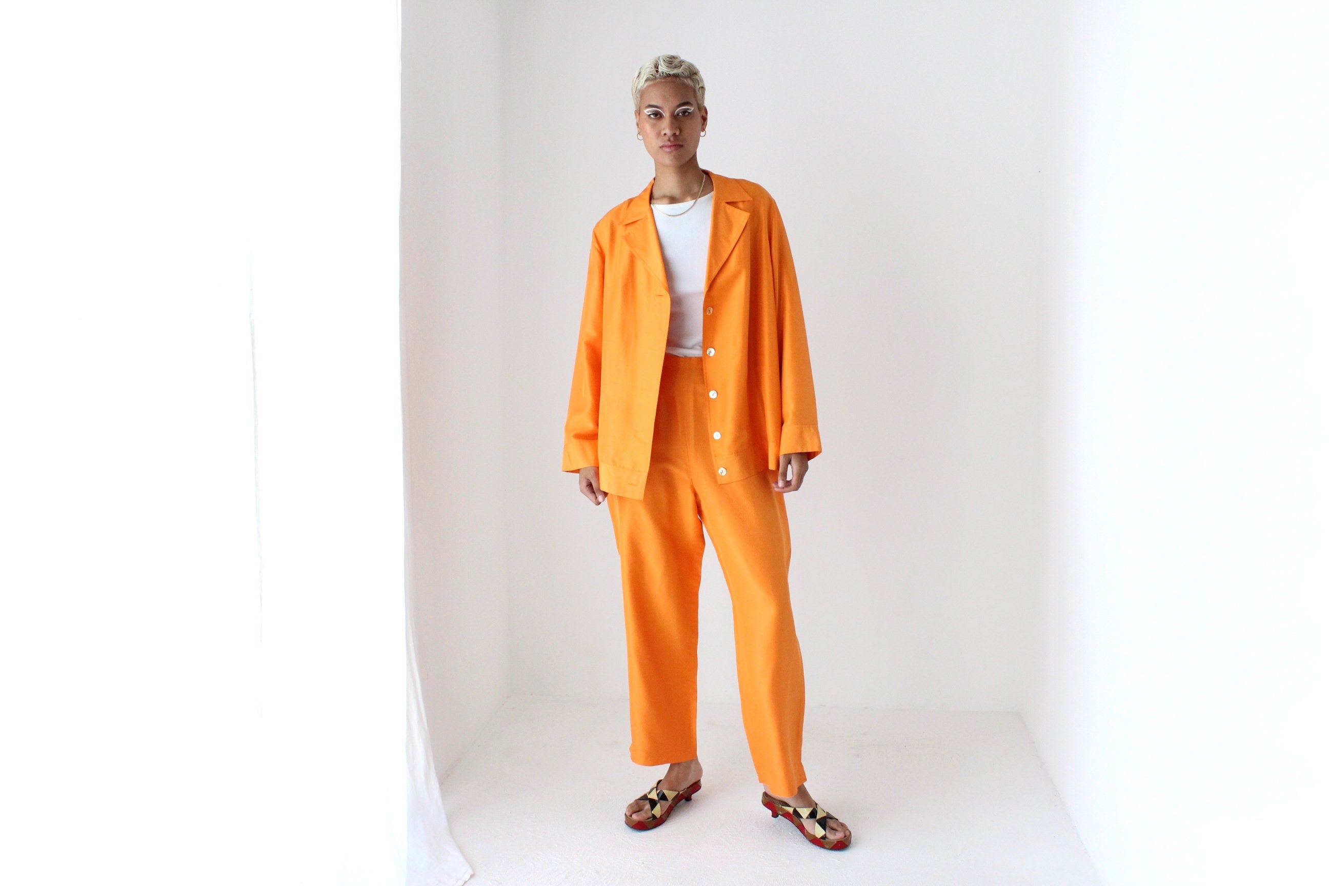 80s Vibrant Pure Silk Boxy Two Piece Cruise Suit