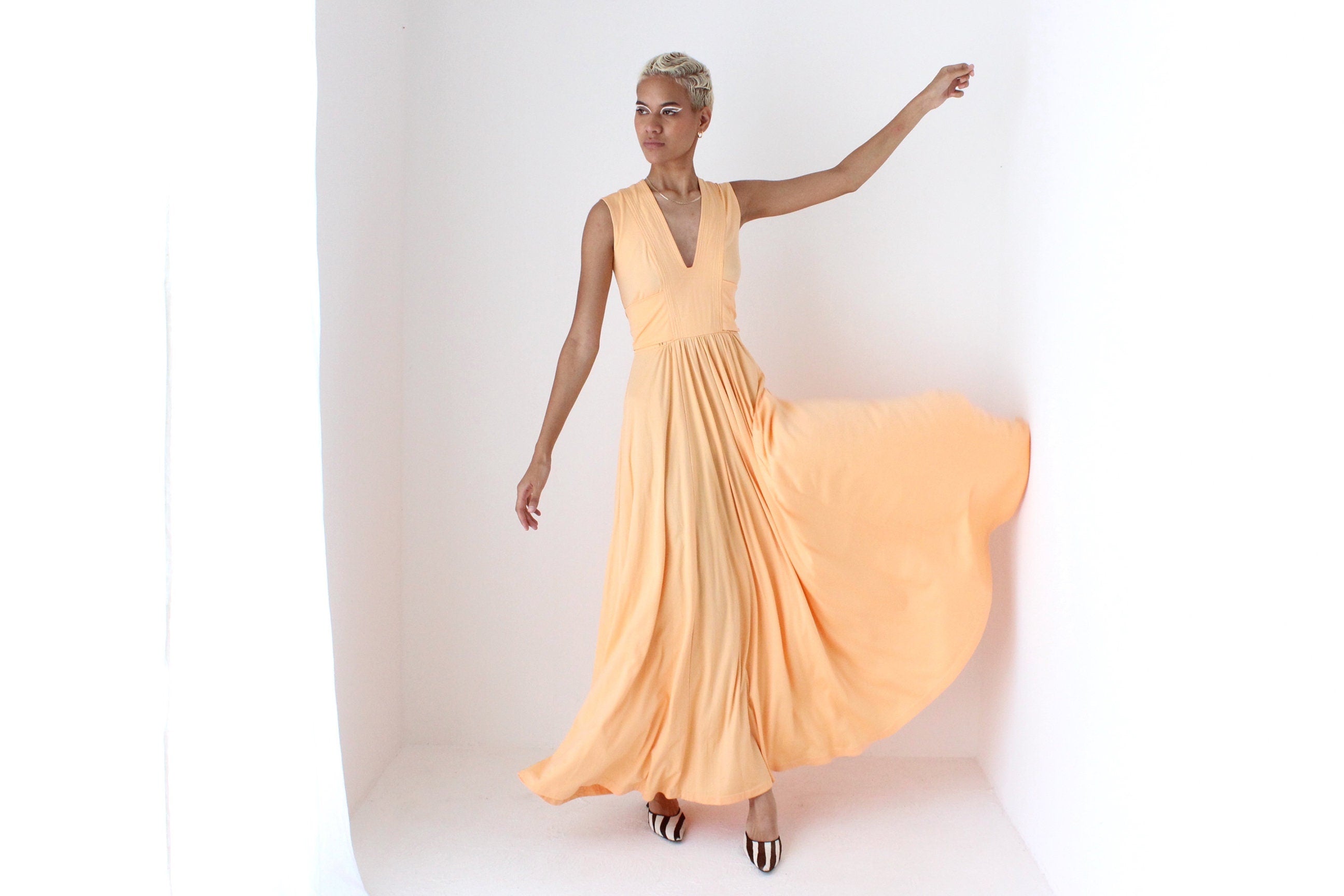 70s Sweeping Peach Jersey Disco Gown