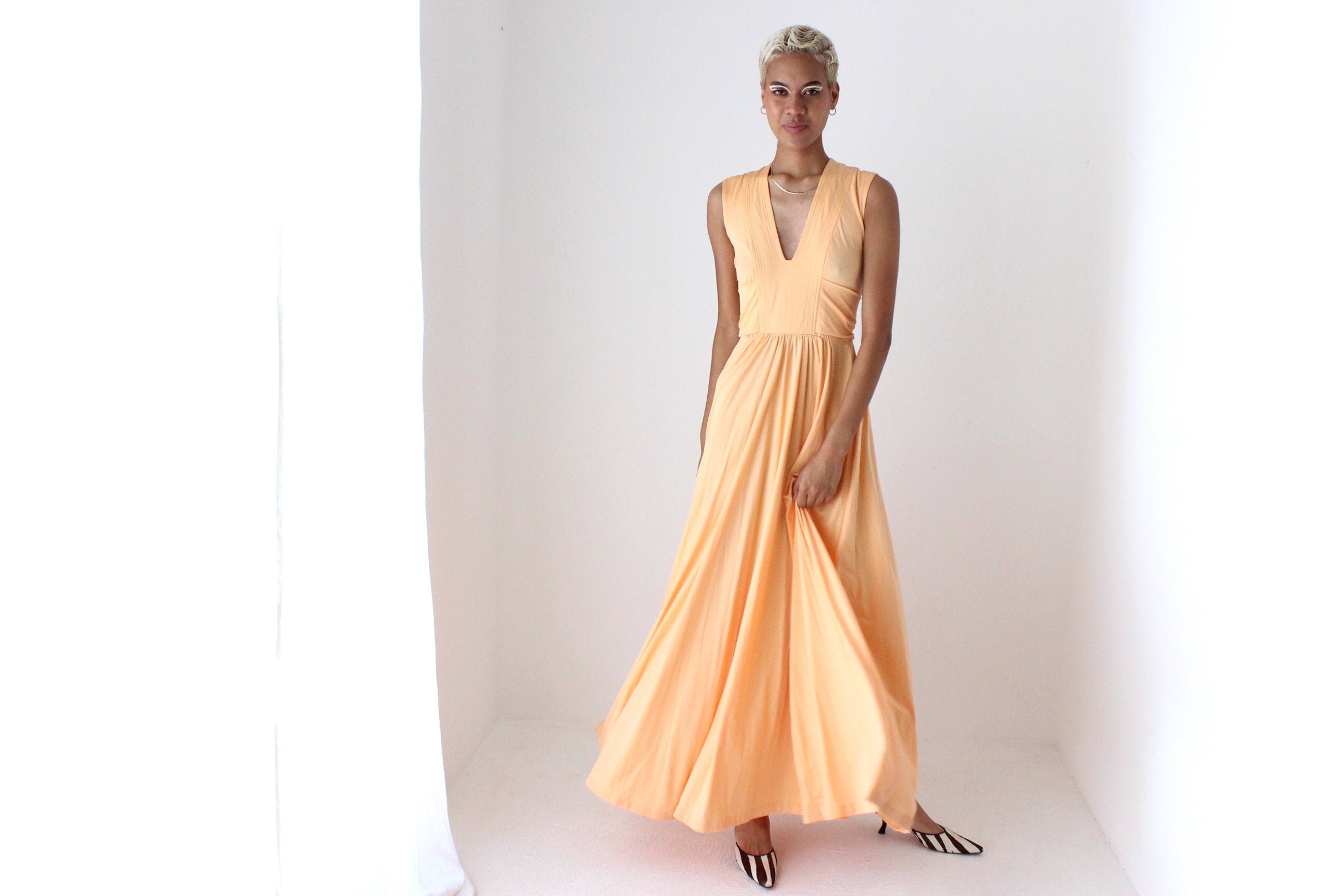 70s Sweeping Peach Jersey Disco Gown