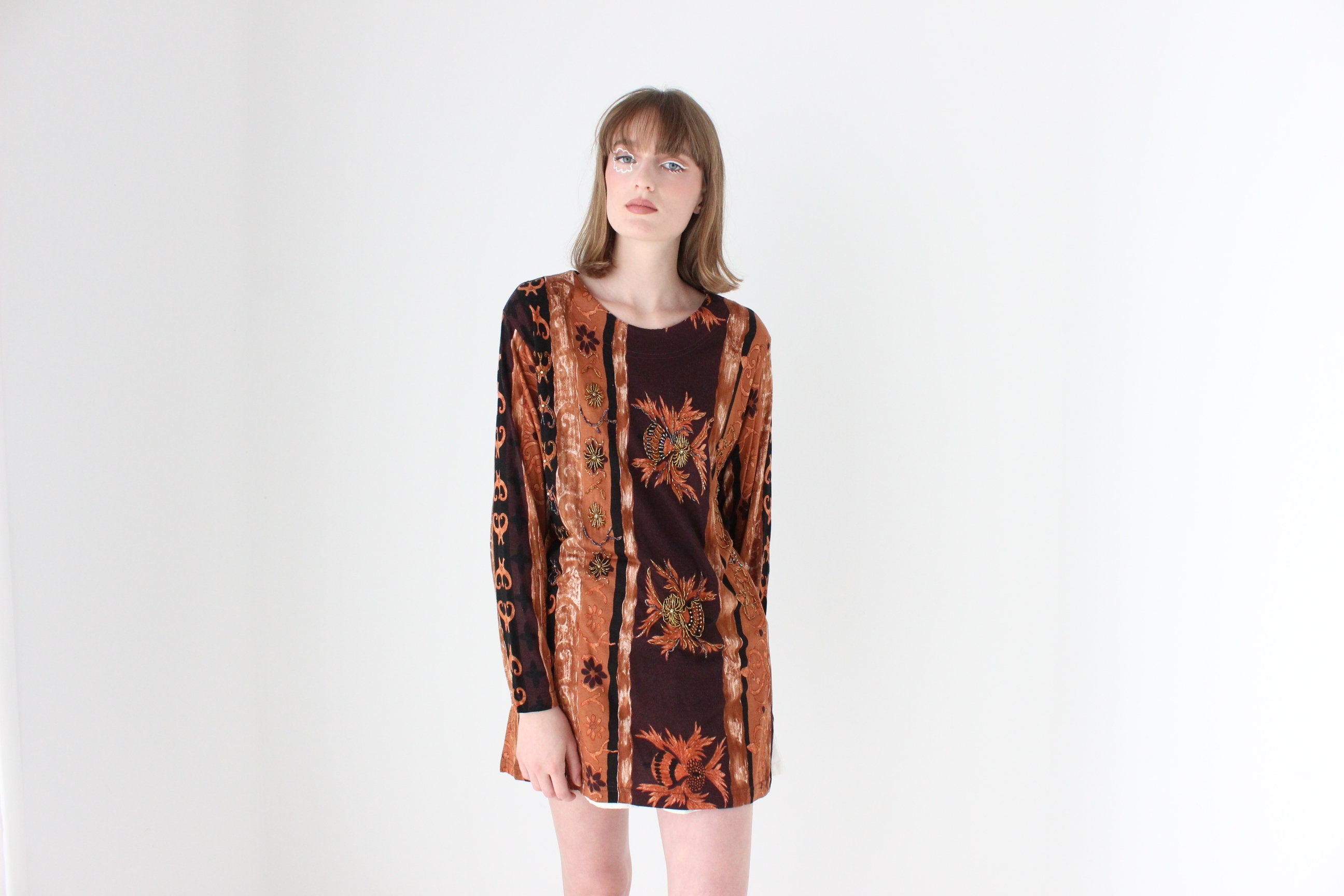 90s Baroque Printed & Beaded Loose Jersey Top or Mini