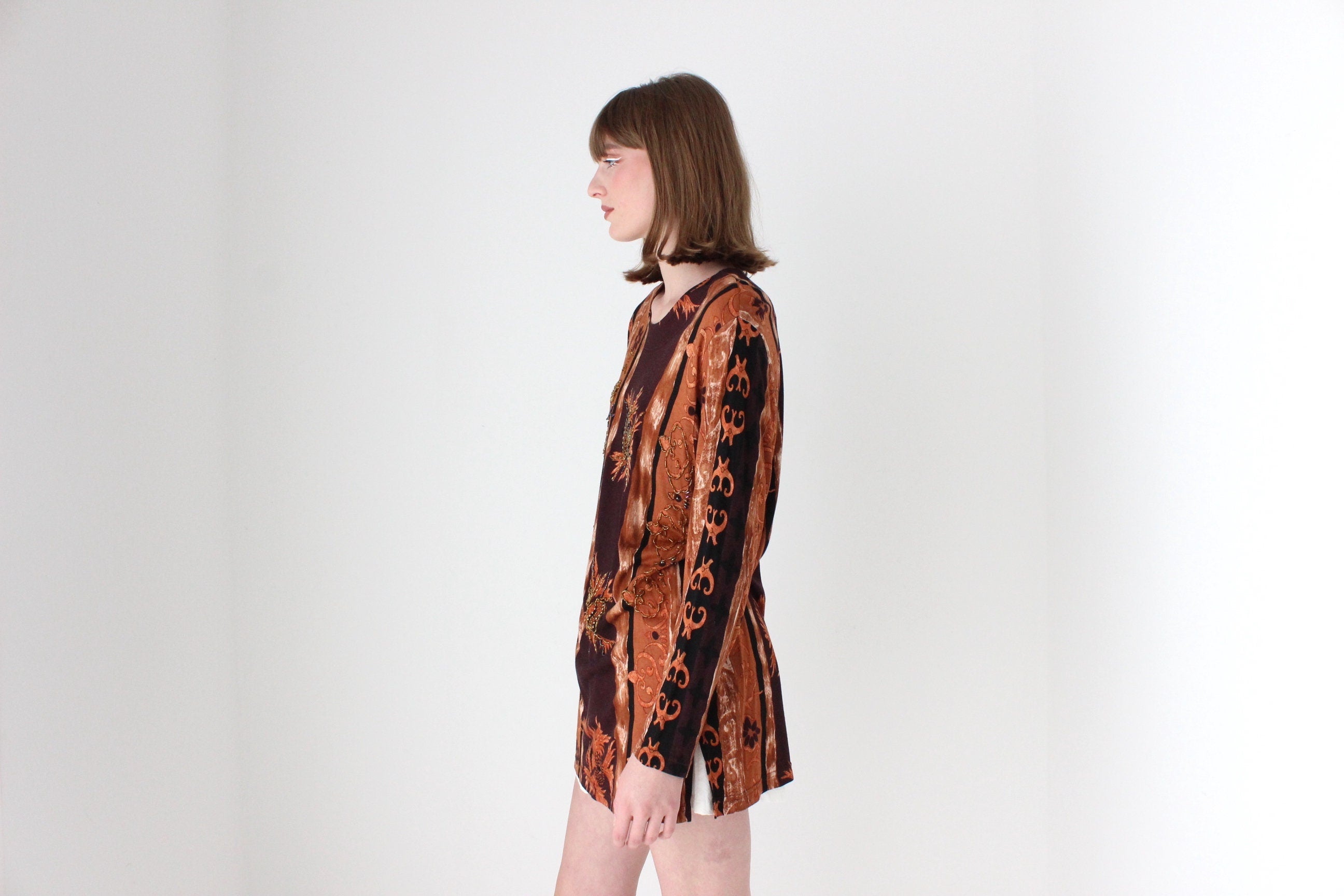 90s Baroque Printed & Beaded Loose Jersey Top or Mini