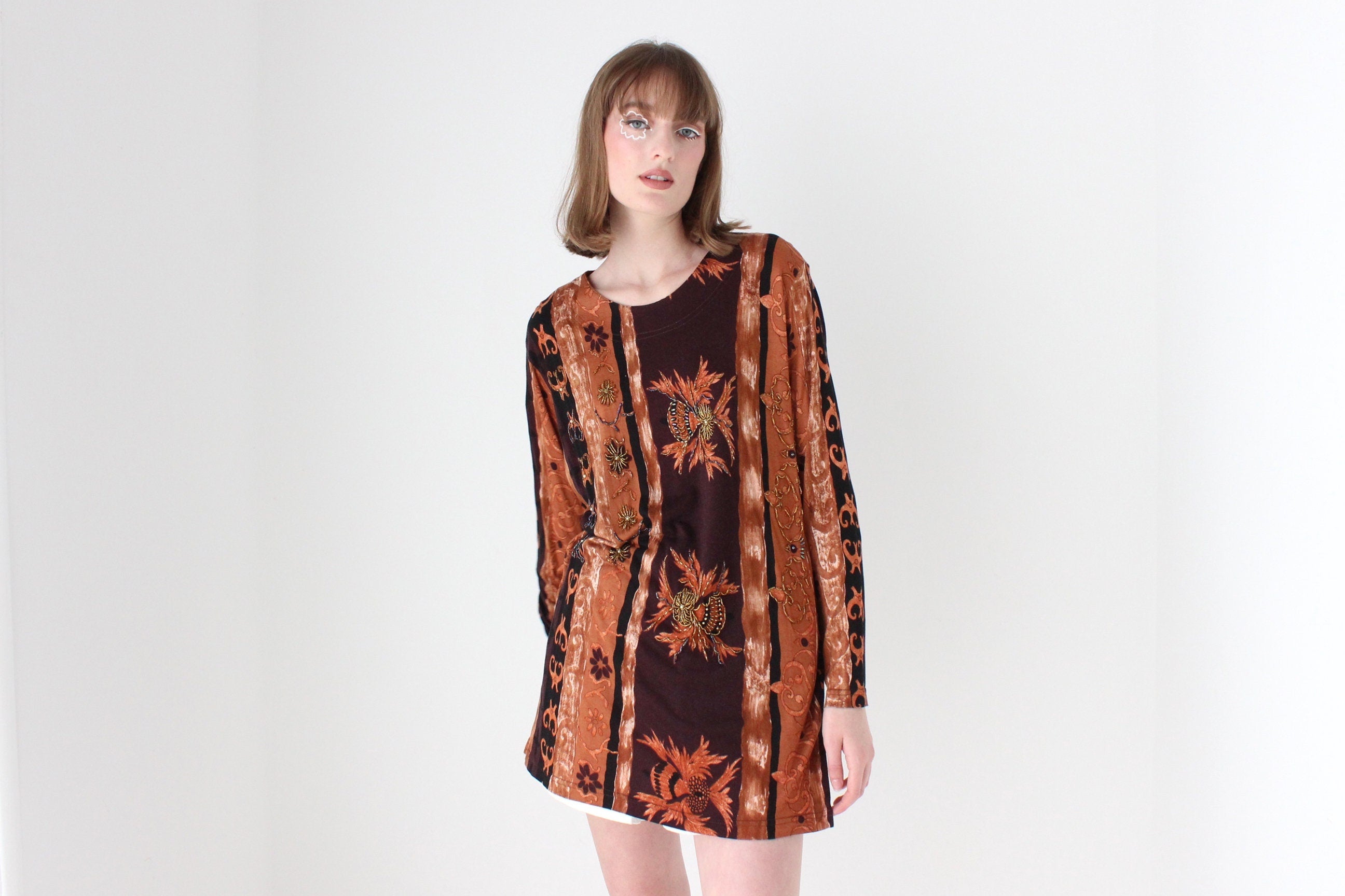 90s Baroque Printed & Beaded Loose Jersey Top or Mini