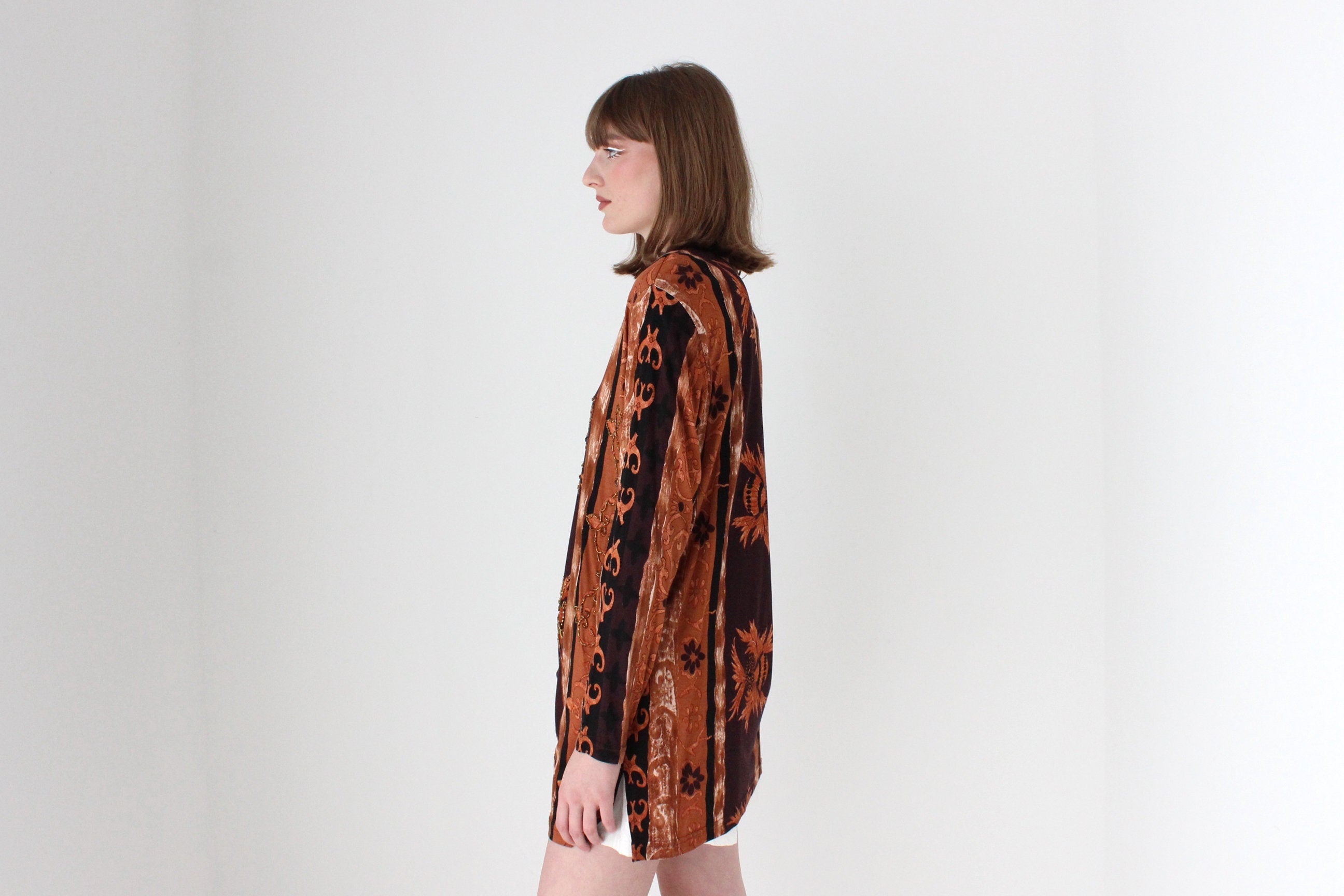 90s Baroque Printed & Beaded Loose Jersey Top or Mini