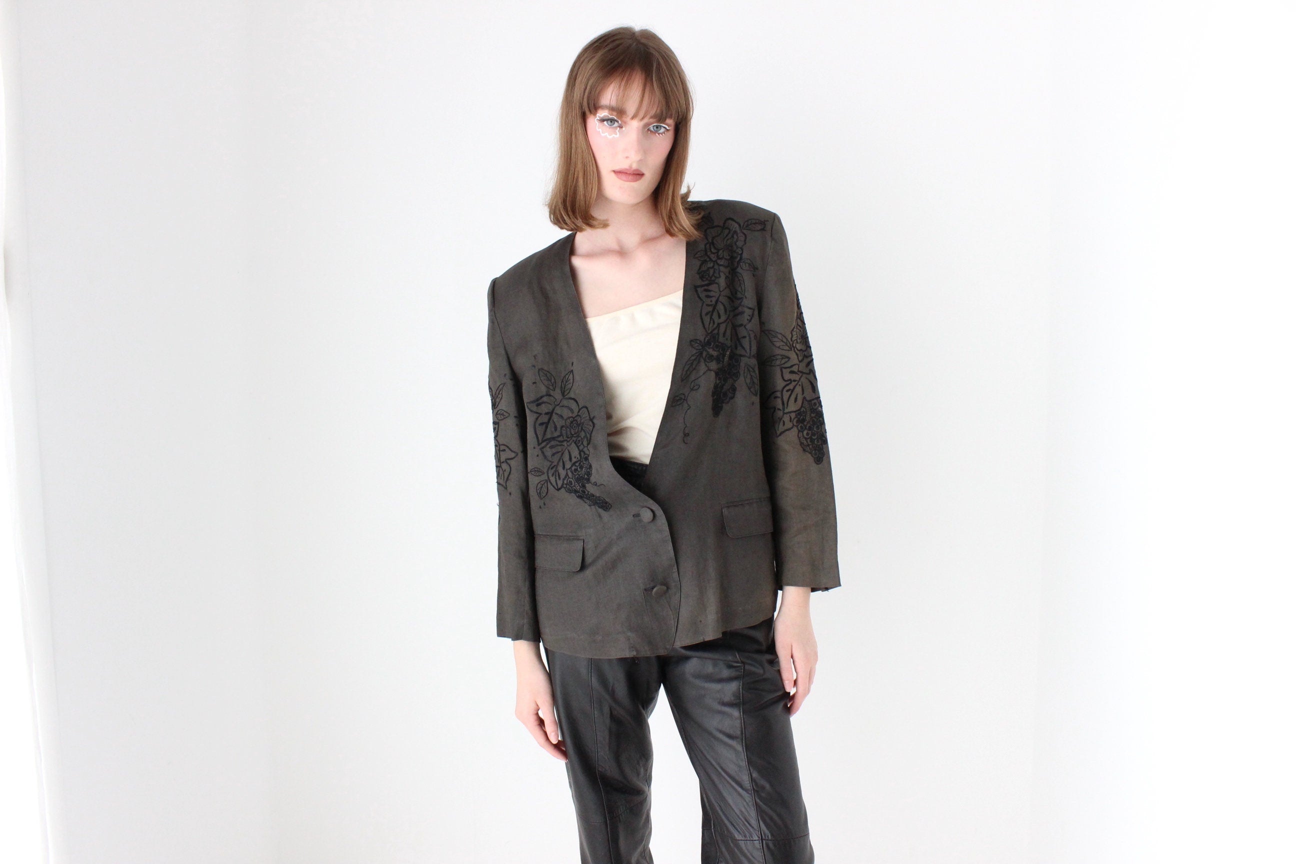 90s Pure Linen Lace Cutwork Blazer Top