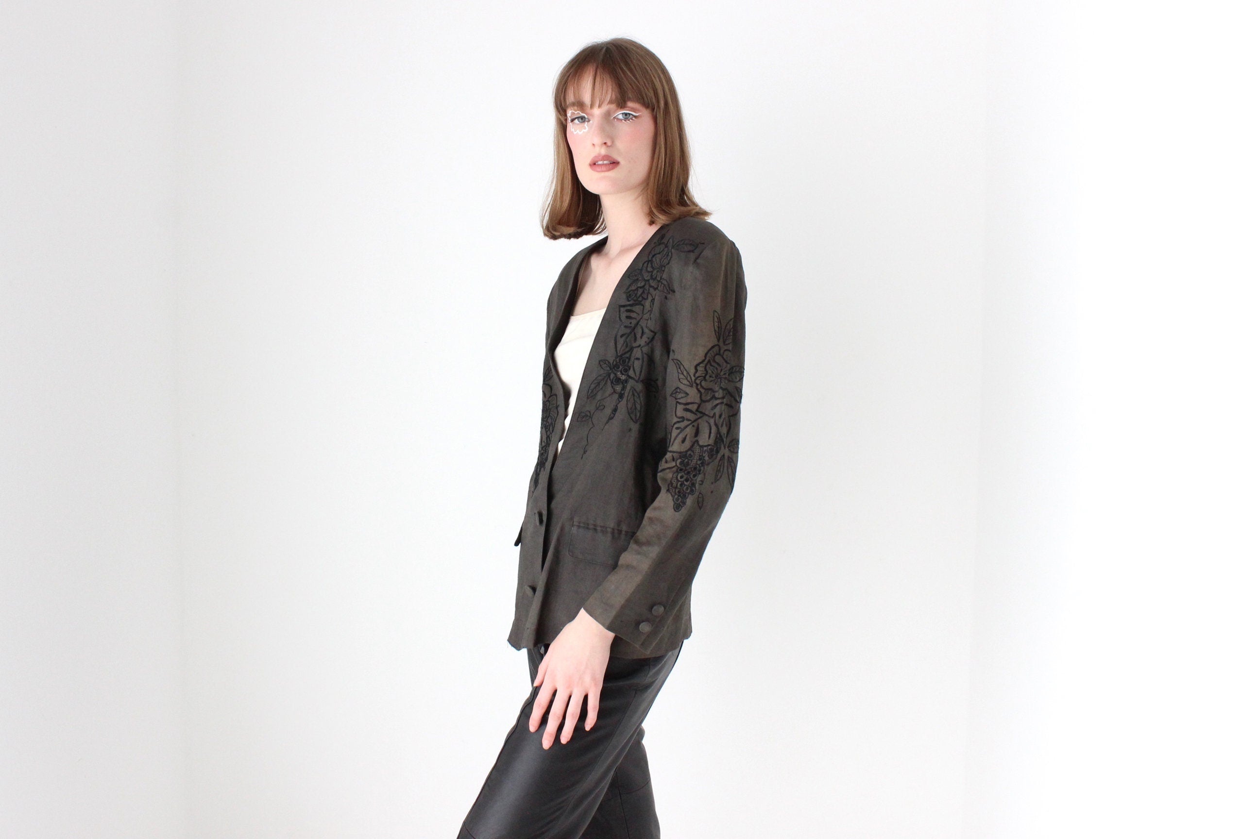 90s Pure Linen Lace Cutwork Blazer Top