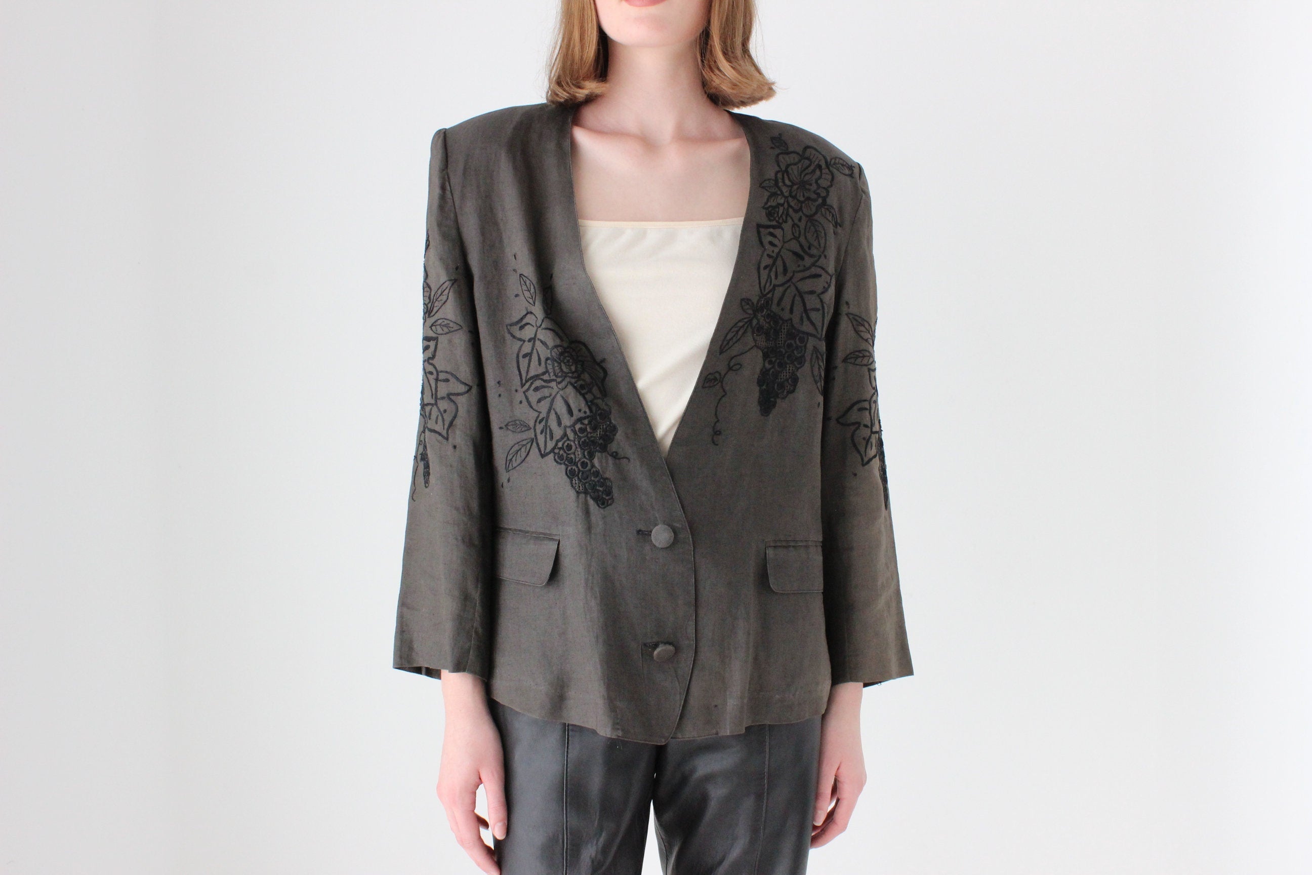 90s Pure Linen Lace Cutwork Blazer Top