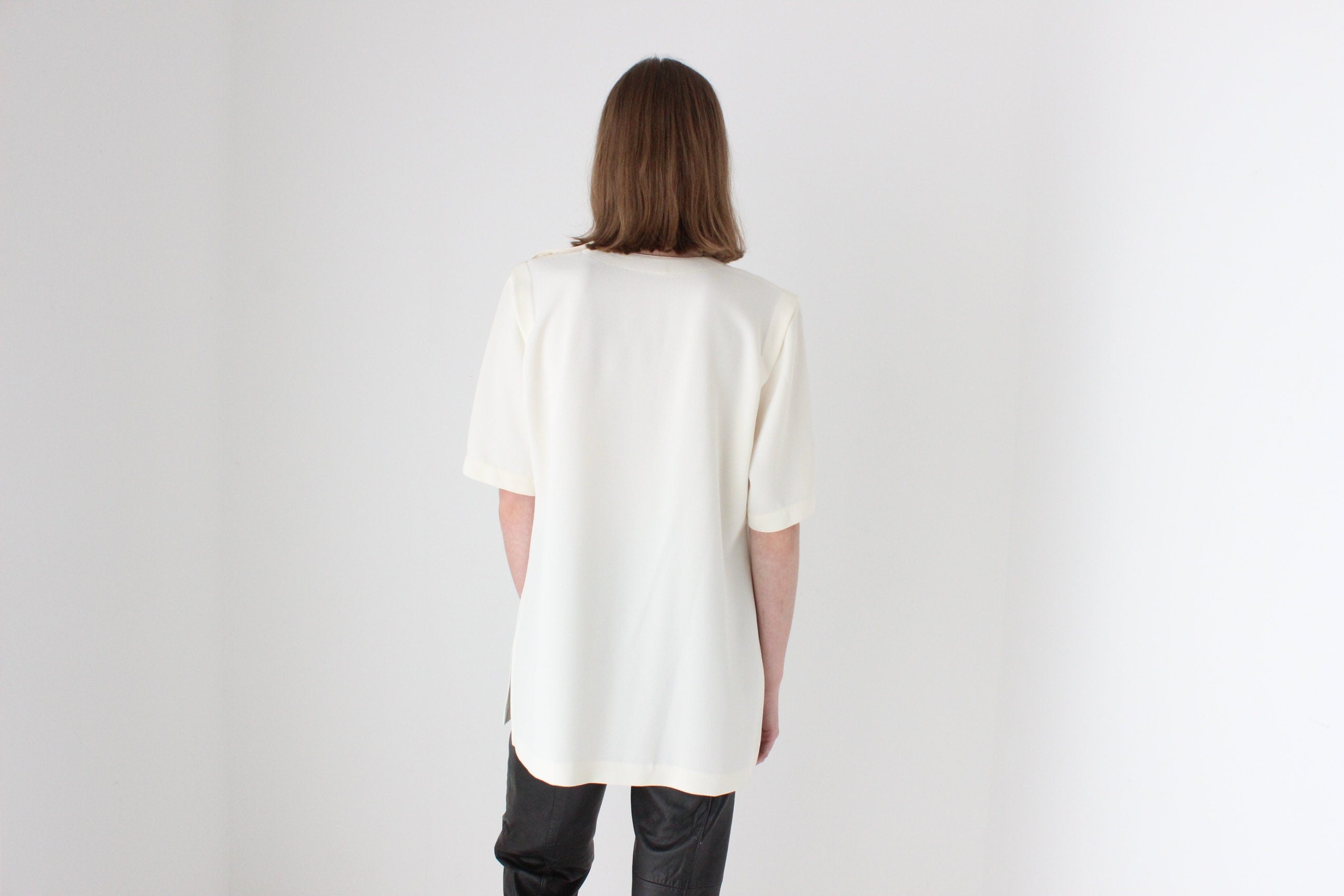 80s Boxy Cream Draped Crepe Relaxed Tee Top