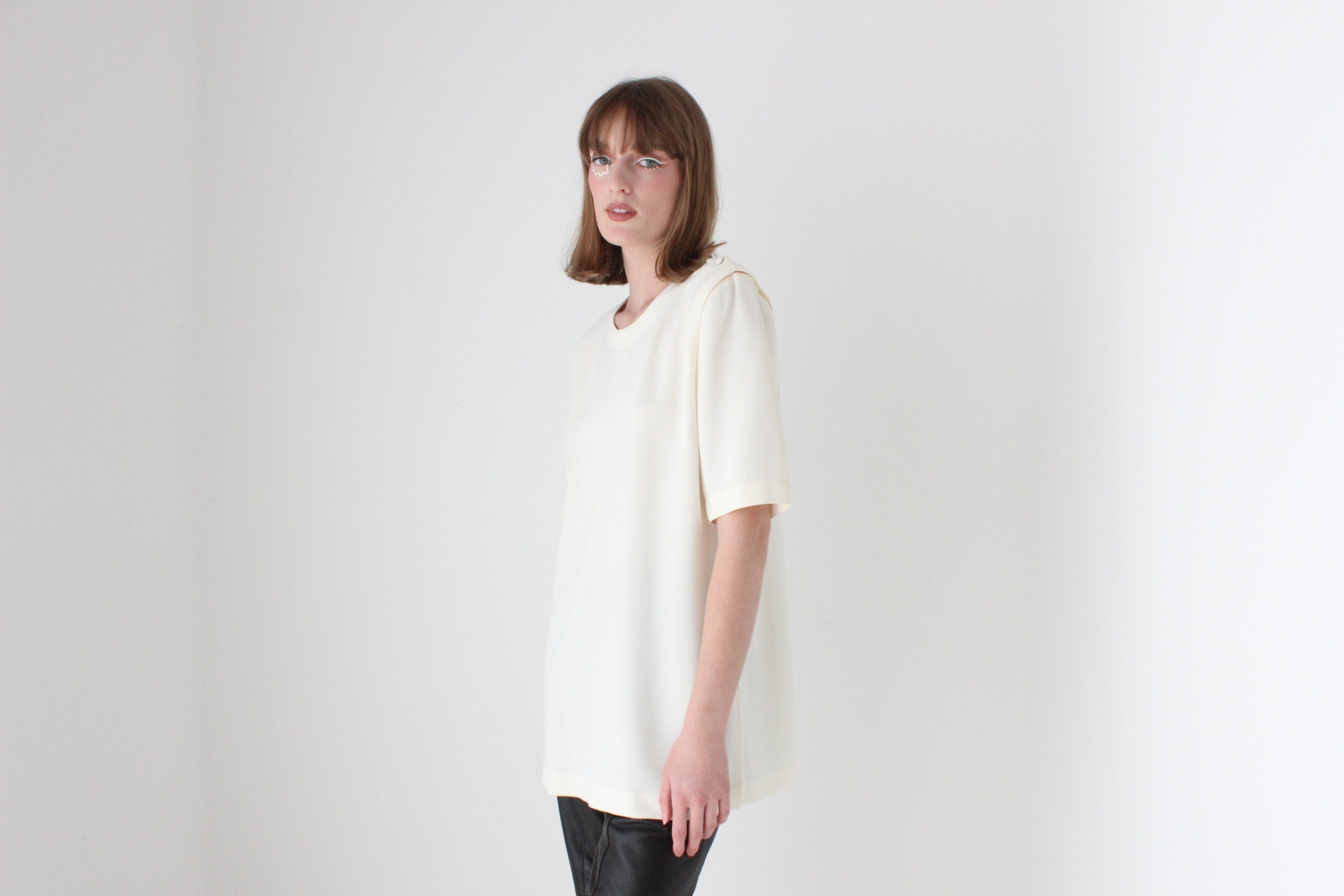 80s Boxy Cream Draped Crepe Relaxed Tee Top