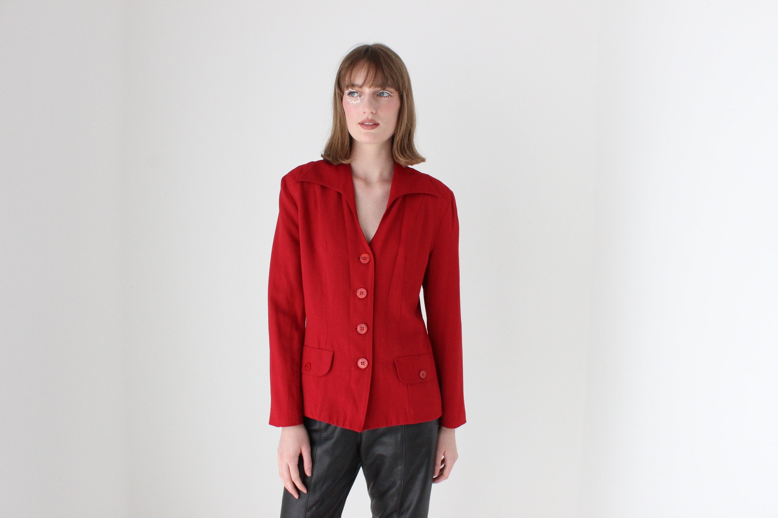 90s Red Power Blazer with Pointed Collar