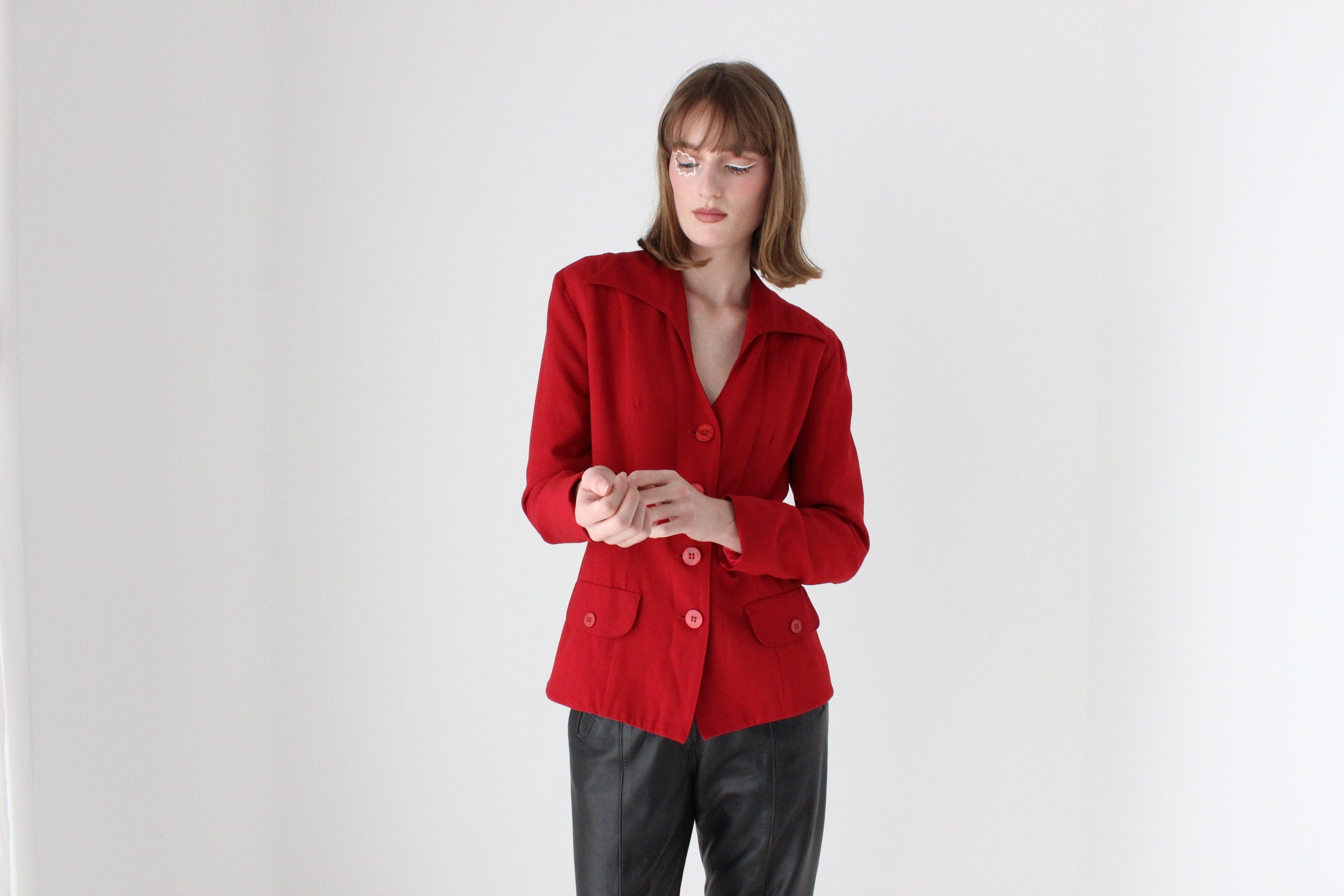 90s Red Power Blazer with Pointed Collar