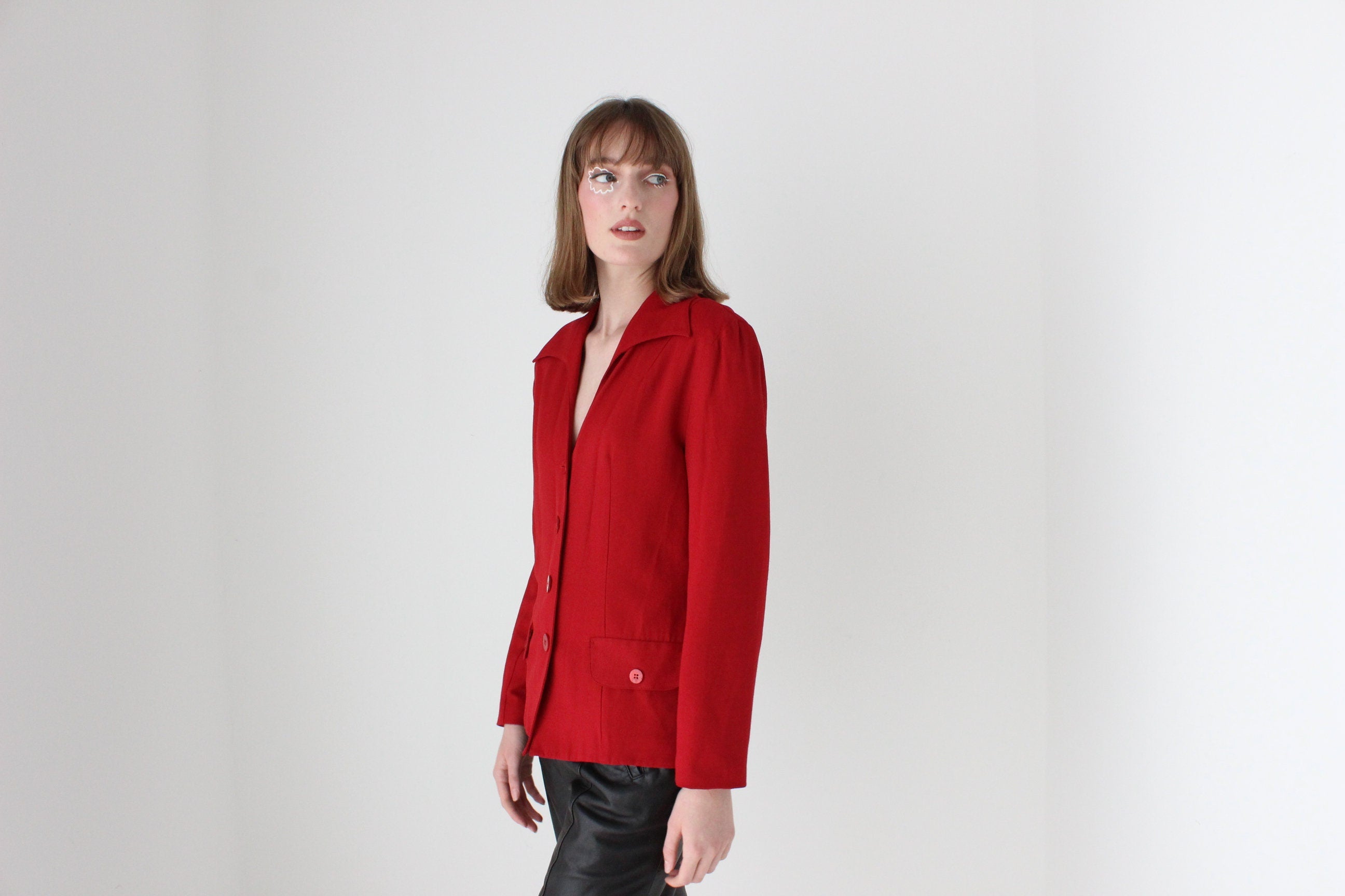 90s Red Power Blazer with Pointed Collar