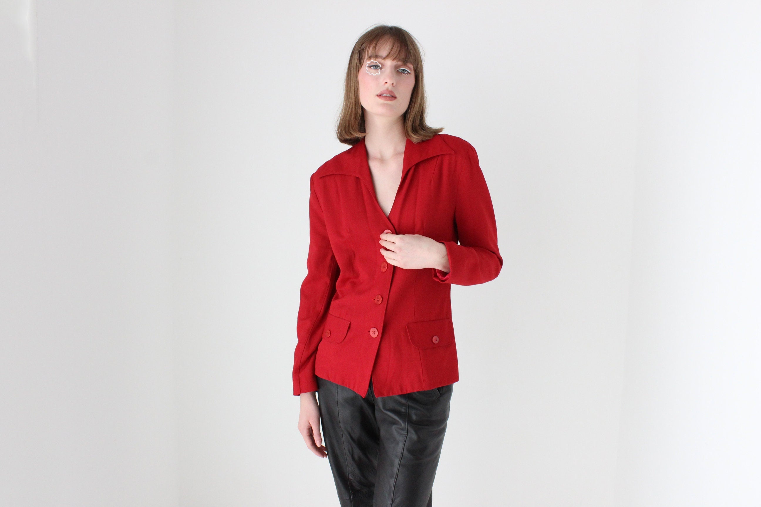 90s Red Power Blazer with Pointed Collar