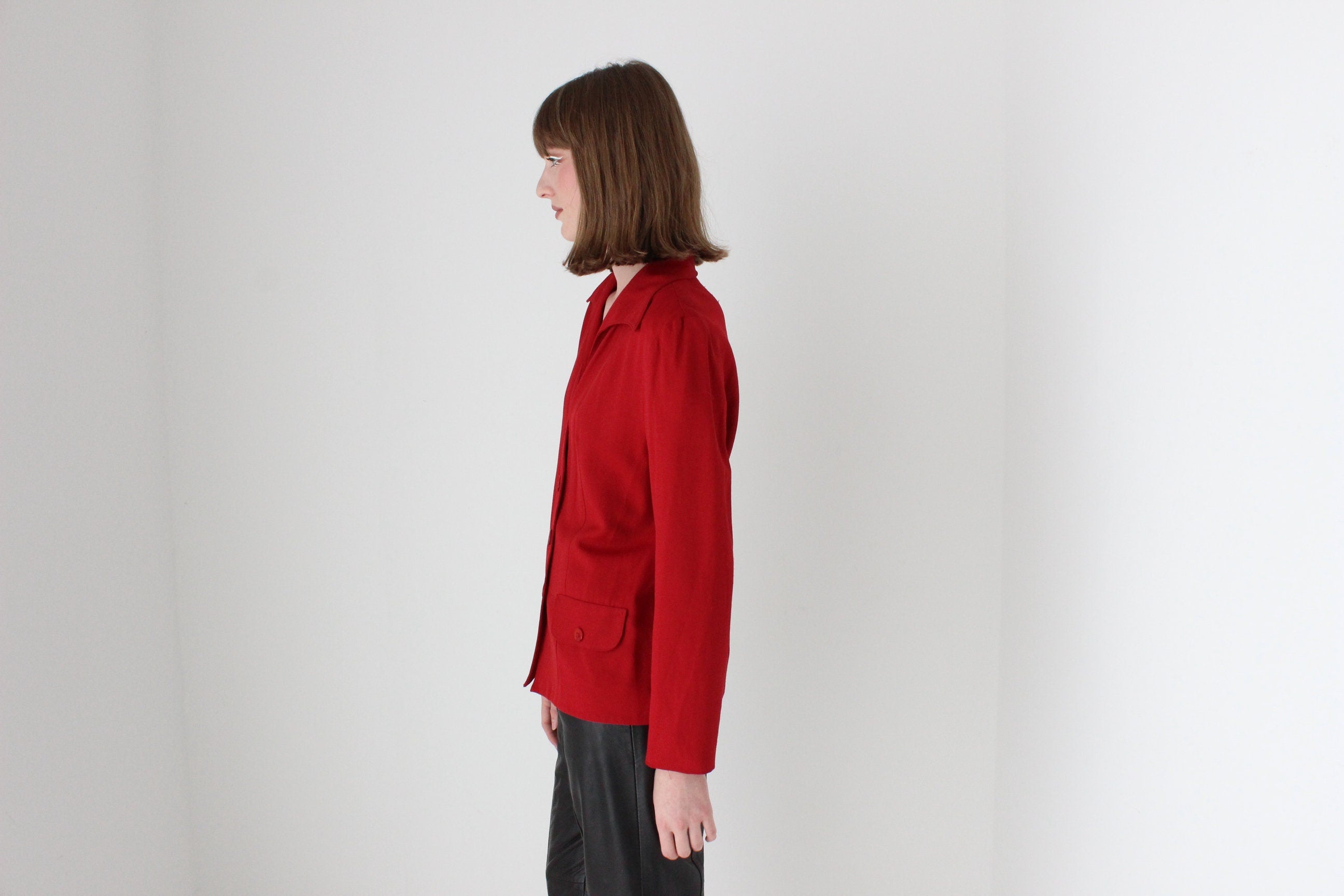 90s Red Power Blazer with Pointed Collar