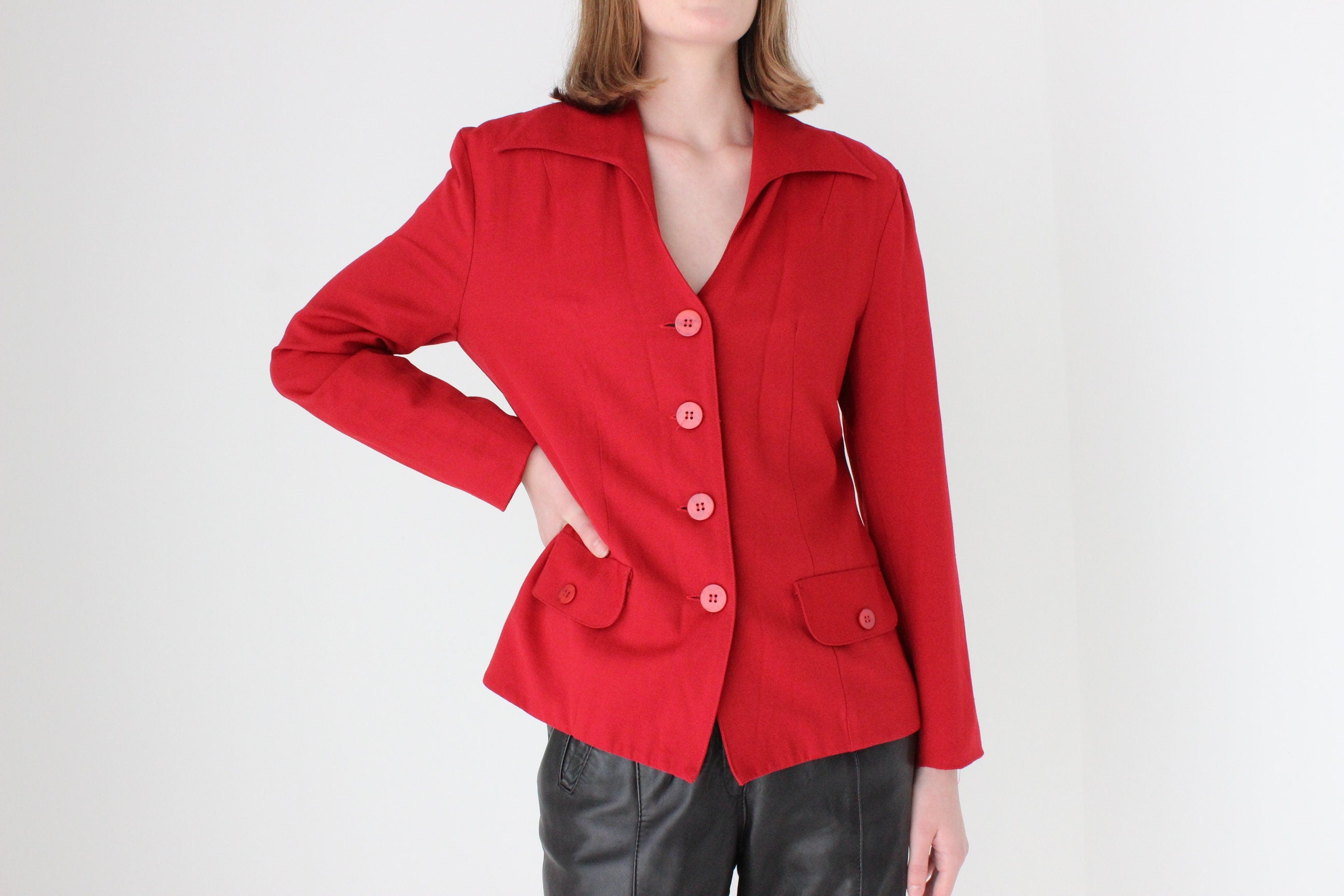 90s Red Power Blazer with Pointed Collar