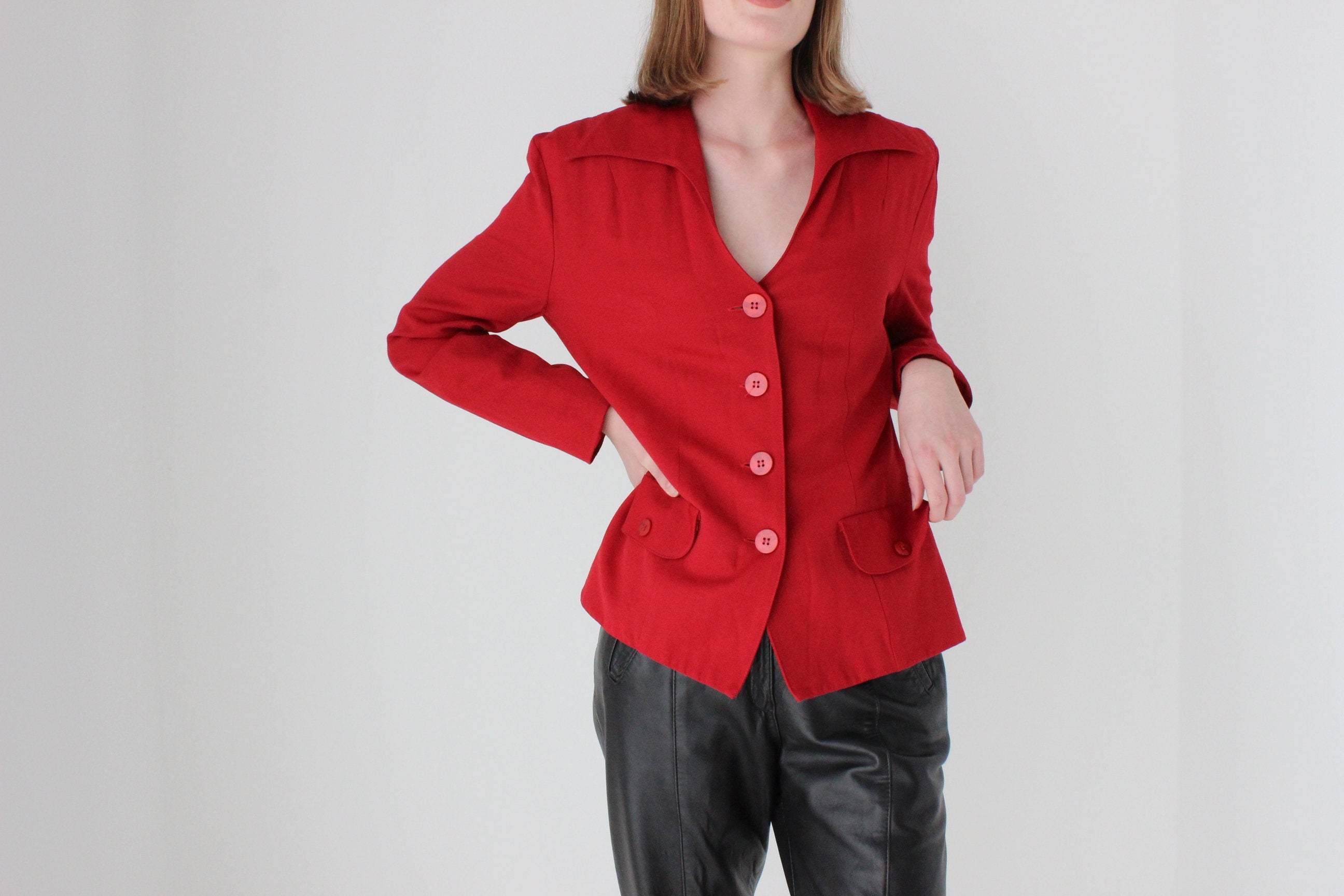 90s Red Power Blazer with Pointed Collar