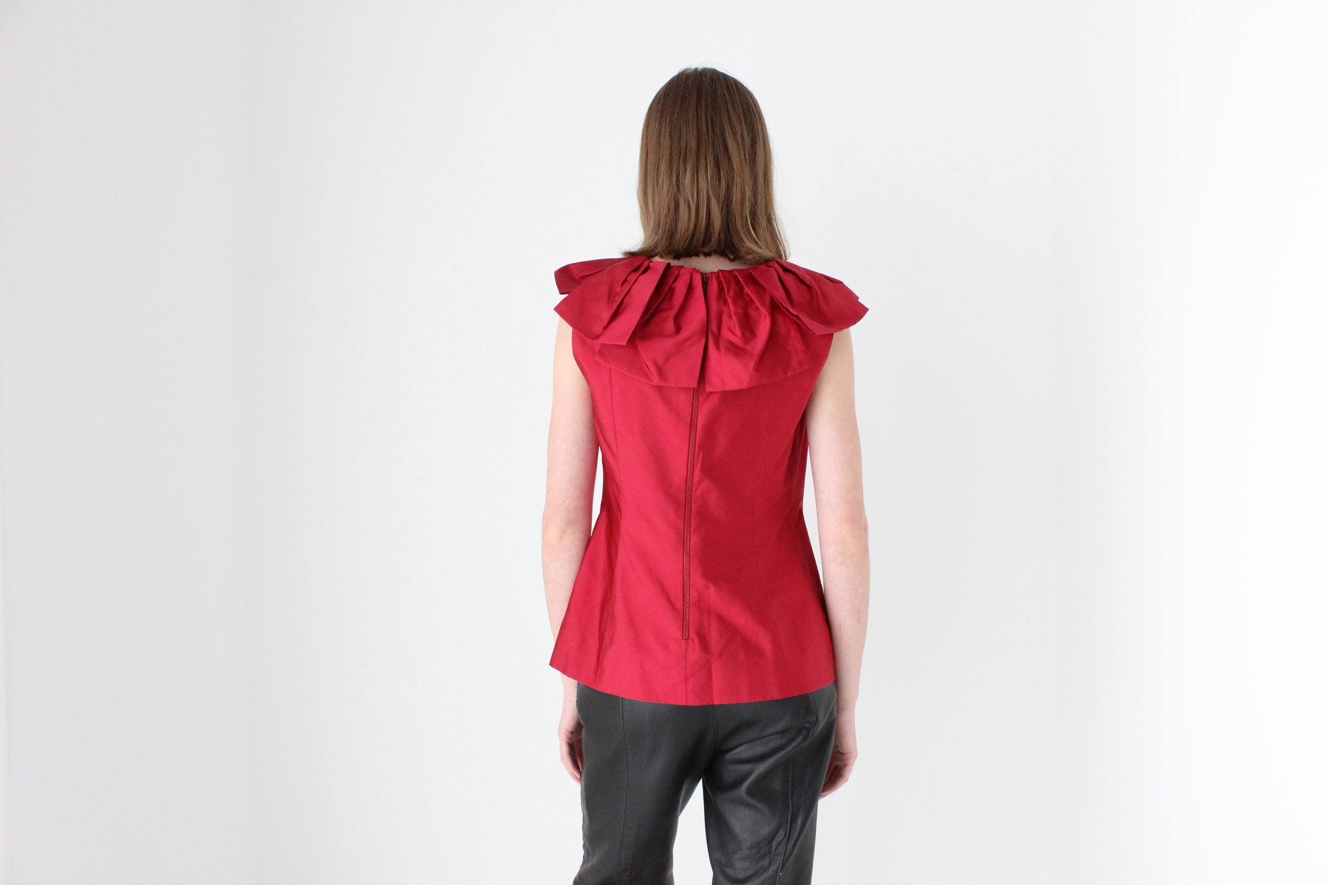 2000s Moschino Vintage Red Silk Taffeta Harlequin Collar Top