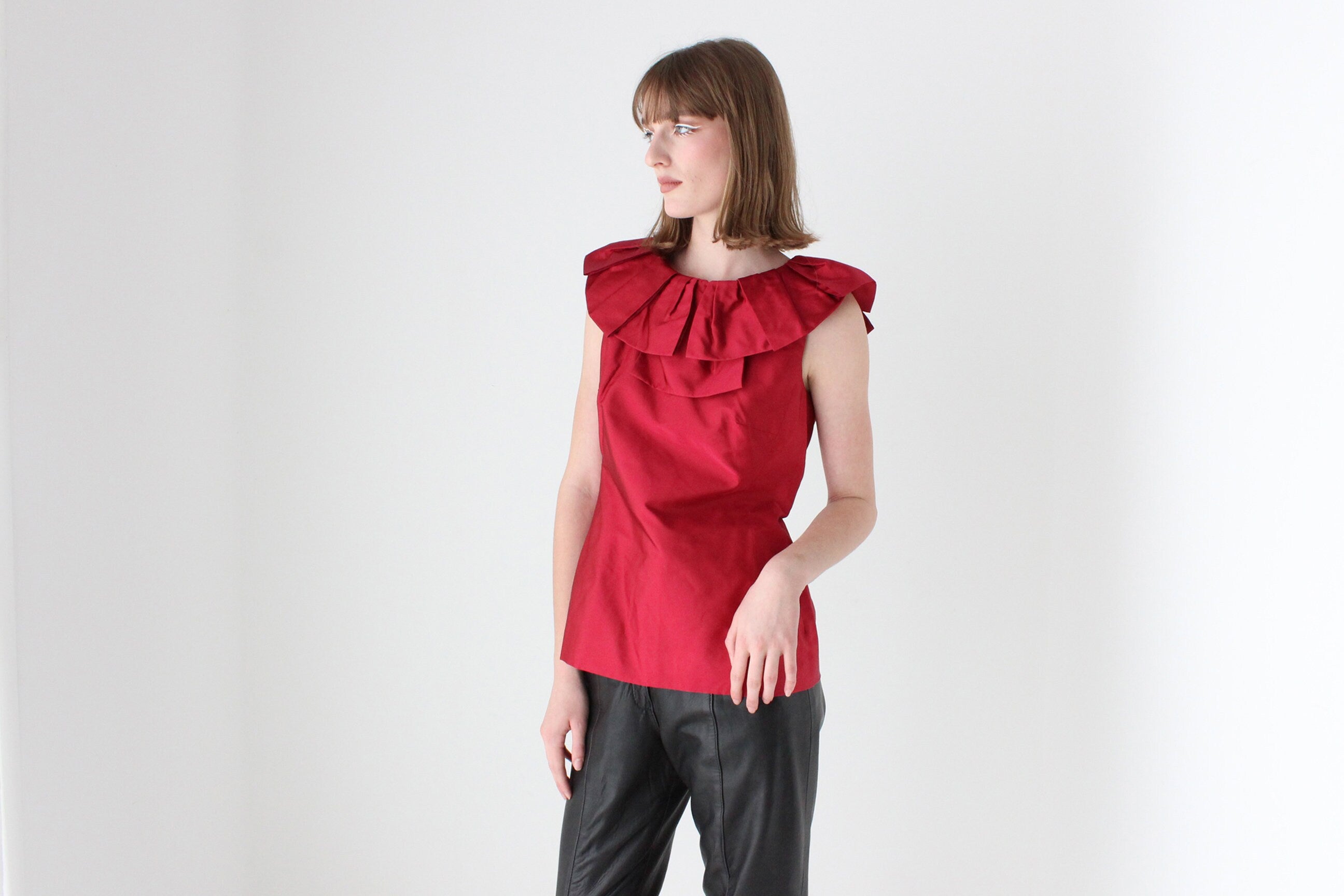 2000s Moschino Vintage Red Silk Taffeta Harlequin Collar Top