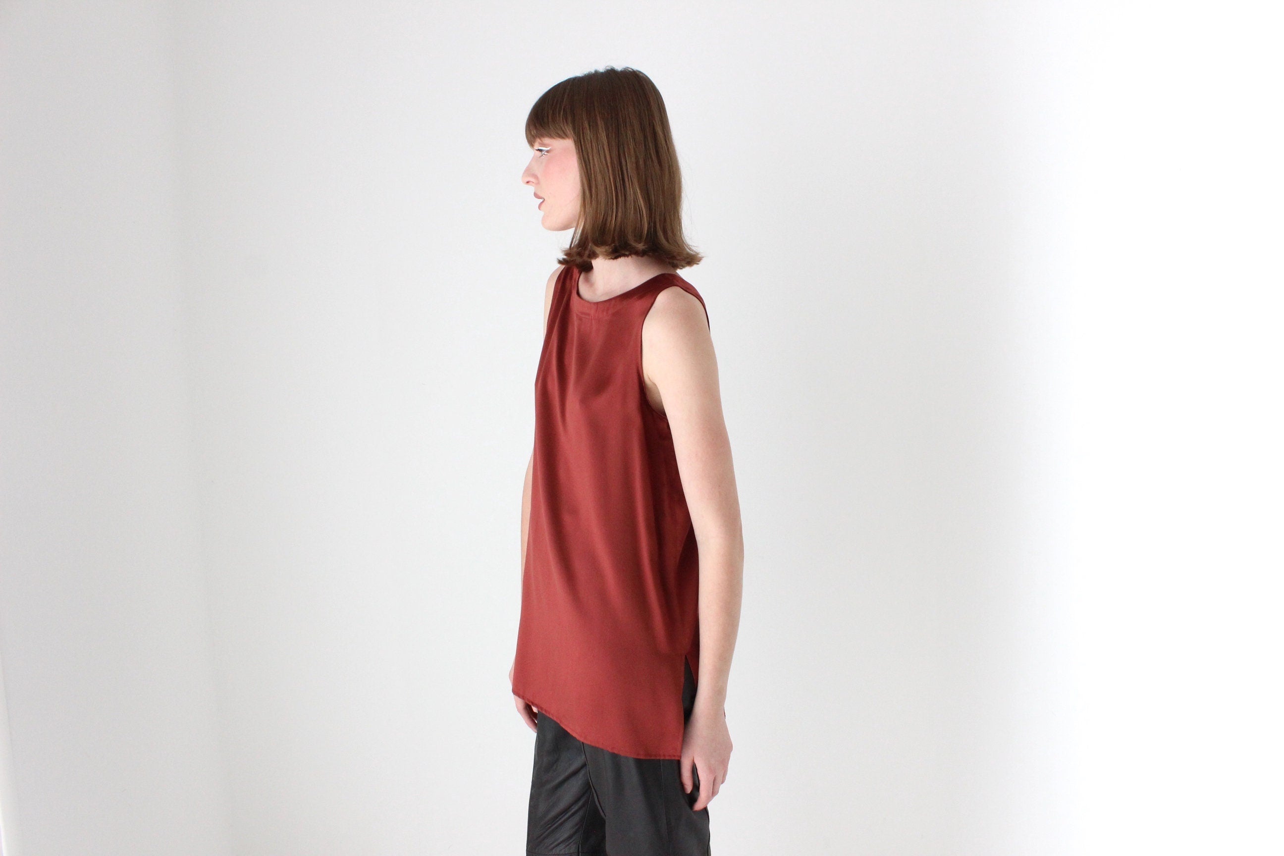 90s Pure Silk Sleeveless Tank Top in Rust Red